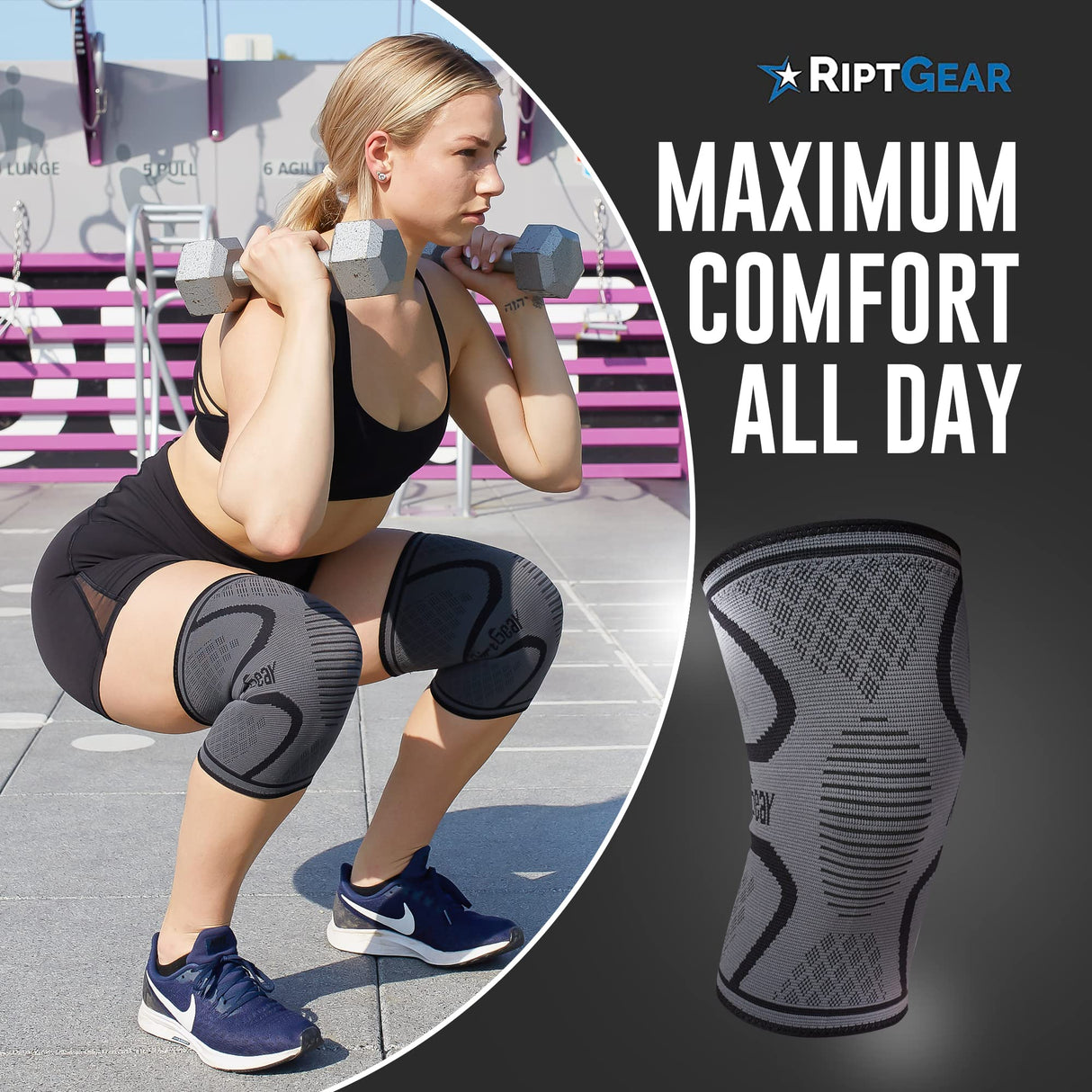 RiptGear Knee Compression Sleeve - Braces for Knee Pain - Compression for Arthritis, Meniscus Tear, Running, Walking - Support for Women and Men - Sleeves Weightlifting (Medium, Gray (1 Pack))