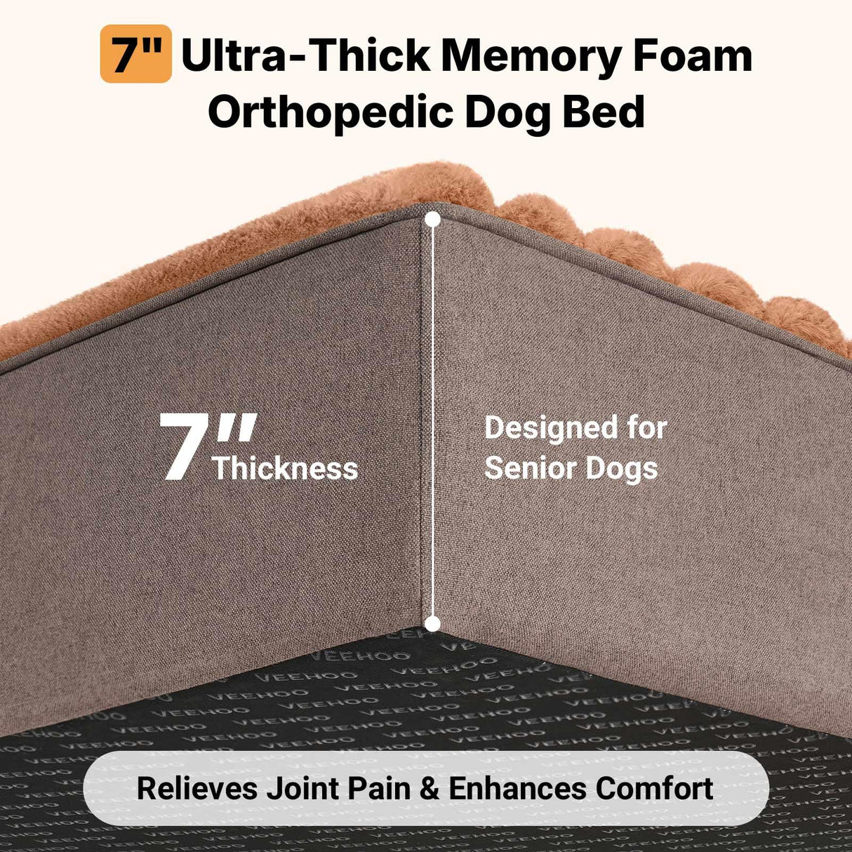 Veehoo Orthopedic Memory Foam Dog Bed, 7 Inch Thick Extra Large Dog Bed XL for Senior Dogs with Ultra-Soft Fluffy Surface, Waterproof Liner, Removable Washable Cover and Non-Slip Bottom, 48"x30"x7"