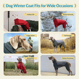 ROZKITCH Waterproof XL Dog Jacket for Winter, Dog Pajamas for Large Dogs, Pullover Fullbody Clothes Jumpsuit, Fleece Cold Weather Coats, Four-Legged Snowsuit with Leash Hole Red XL