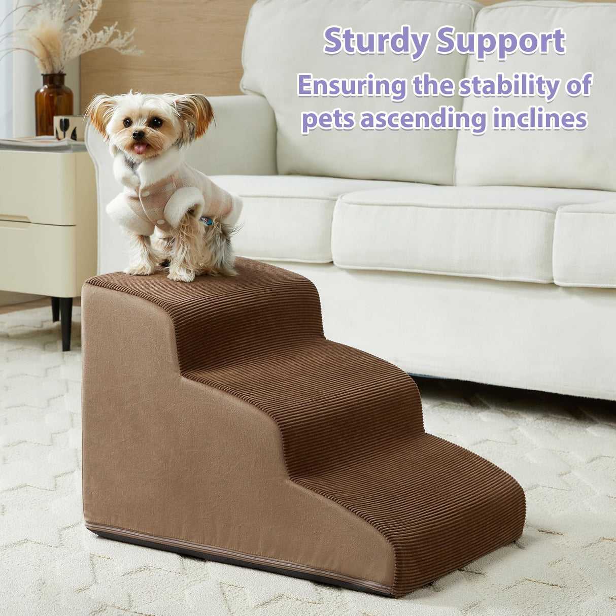 LEXTRO Dog Stairs for Small Dogs, 3-Steps Dog Ramp for Bed and Couch, Pet Stairs with Highly Supportive Foam and Non-Slip Bottom, Pet Steps for Cat & Doggie (High 15.7 Inch)