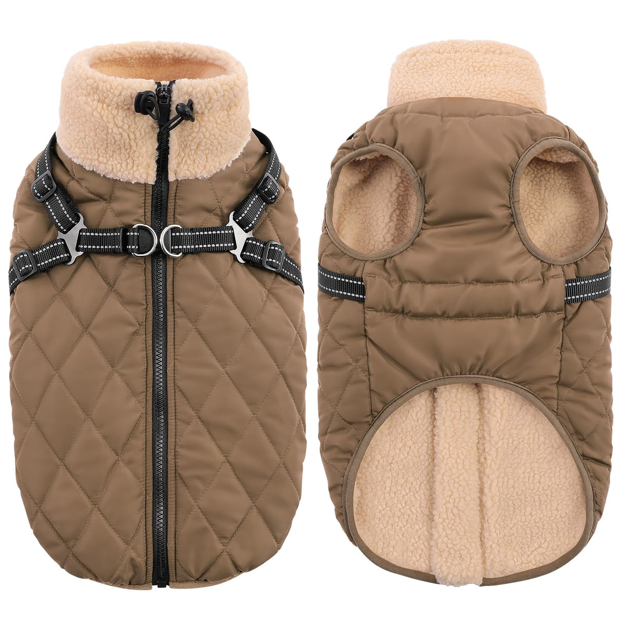 Queenmore Dog Winter Jacket, Dog Coats for Large Dogs, Warm Cozy Pet Jacket Winter with Harness Built in, Waterproof Pet Snow Jacket, Thick Fleece Lining Snowsuit for Large Dogs, Brown L