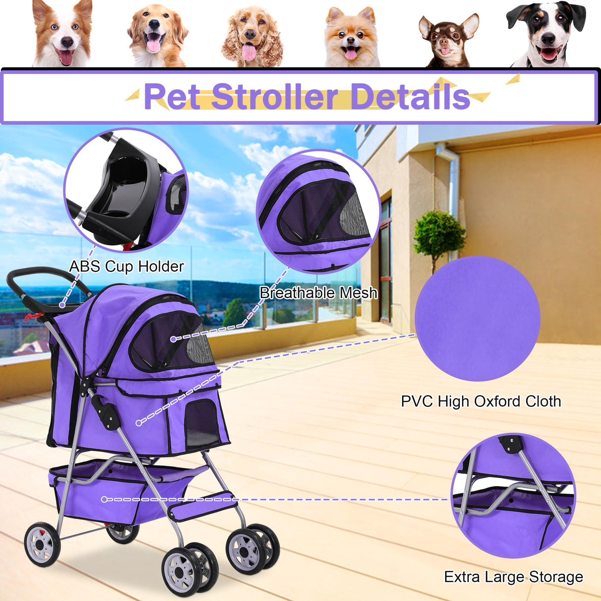 BLKMTY Folding Dog Stroller, 4 Wheels Pet Stroller, Foldable Cat Strollers Waterproof Travel Carrier Strolling Cart for Puppy Jogger with Cup Holder & Storage Basket, Purple