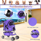 BLKMTY Folding Dog Stroller, 4 Wheels Pet Stroller, Foldable Cat Strollers Waterproof Travel Carrier Strolling Cart for Puppy Jogger with Cup Holder & Storage Basket, Purple