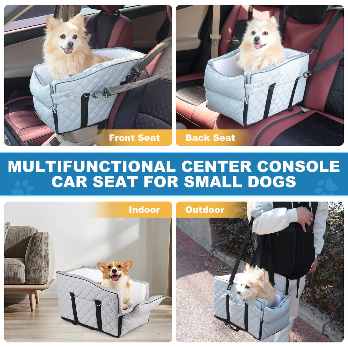 PU Center Console Dog Car Seat for Small Dogs Up to 12lbs, Portable Dogs Armrest Booster Seat with Adjustable Straps & Storage Pocket (Grey PU)