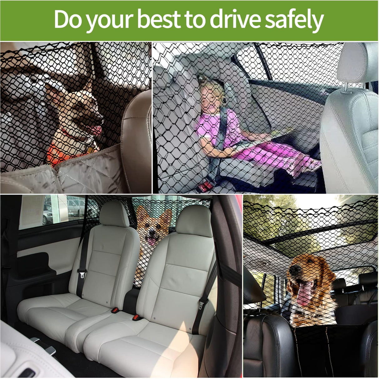 Car Dog Barrier Net, Hook Up Elastic Envelope Luggage Net (47.24" x 33.85") Dual Layer Safety Net for Pet Dog Vehicle Universal Mesh Barrier Guard Blocks Access to Car Front Seats Organiser Bag