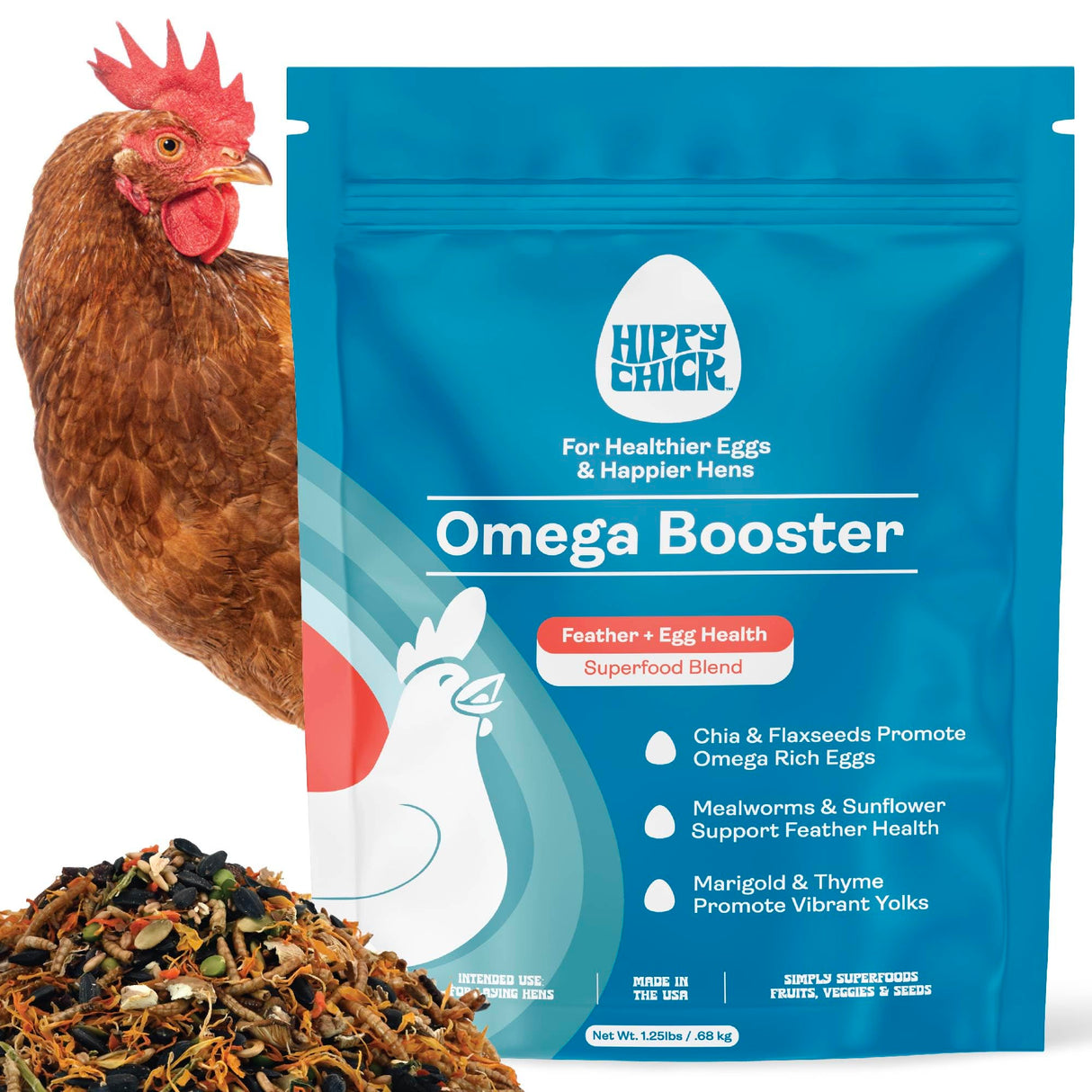 Hippy Chick Egg Booster for Chickens – Omega-3 Vitamin Supplement for Laying Hens – Egg & Feather Health Support – Natural Poultry Treat and Layer Feed Additive