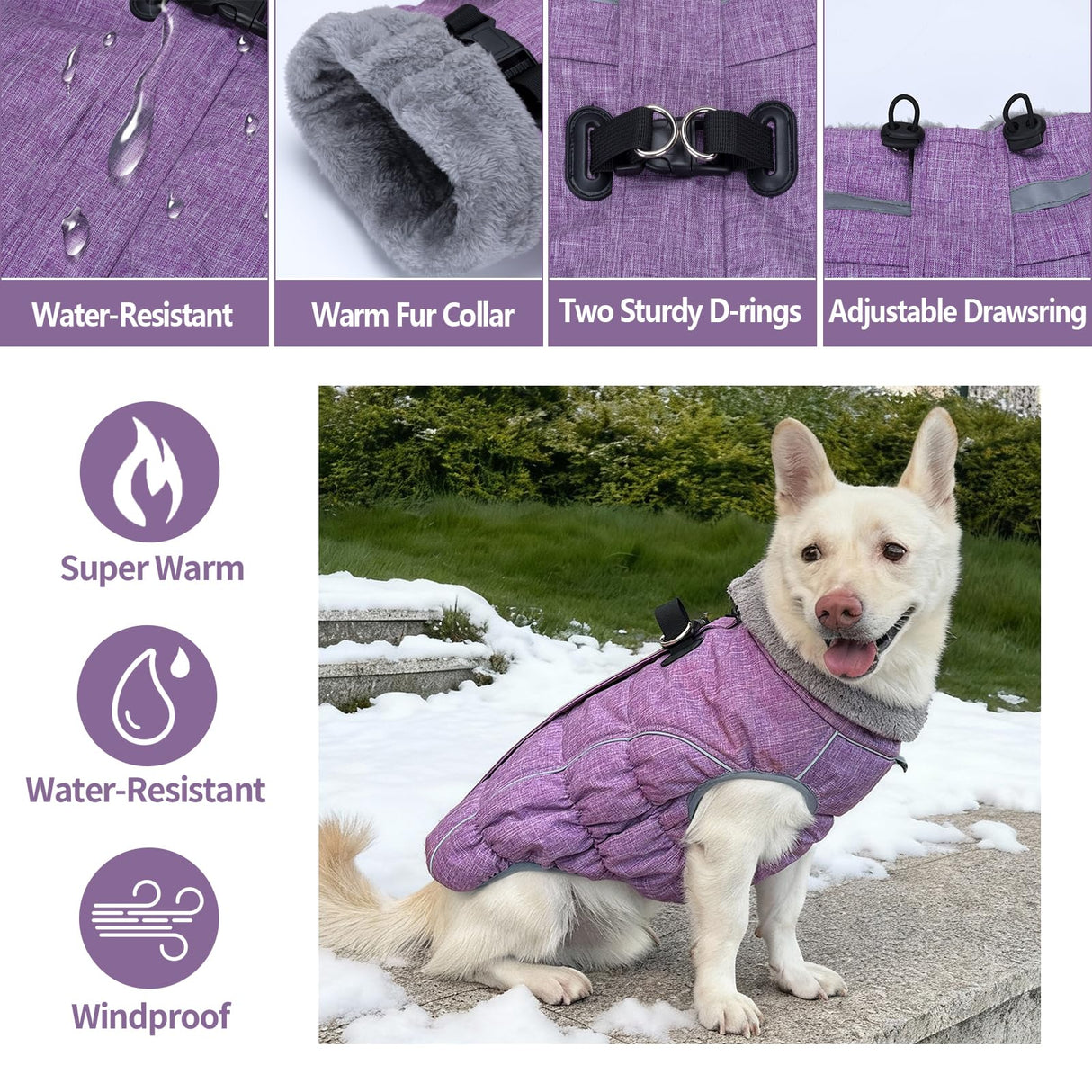 Malier Dog Coat, Reflective Dog Jacket Waterproof Windproof Puppy Cold Weather Coats with Harness Built in, Winter Extra Warm Pet Coat Fleece Vest for Small Large Pets and Puppy (Purple, XXX-Large)