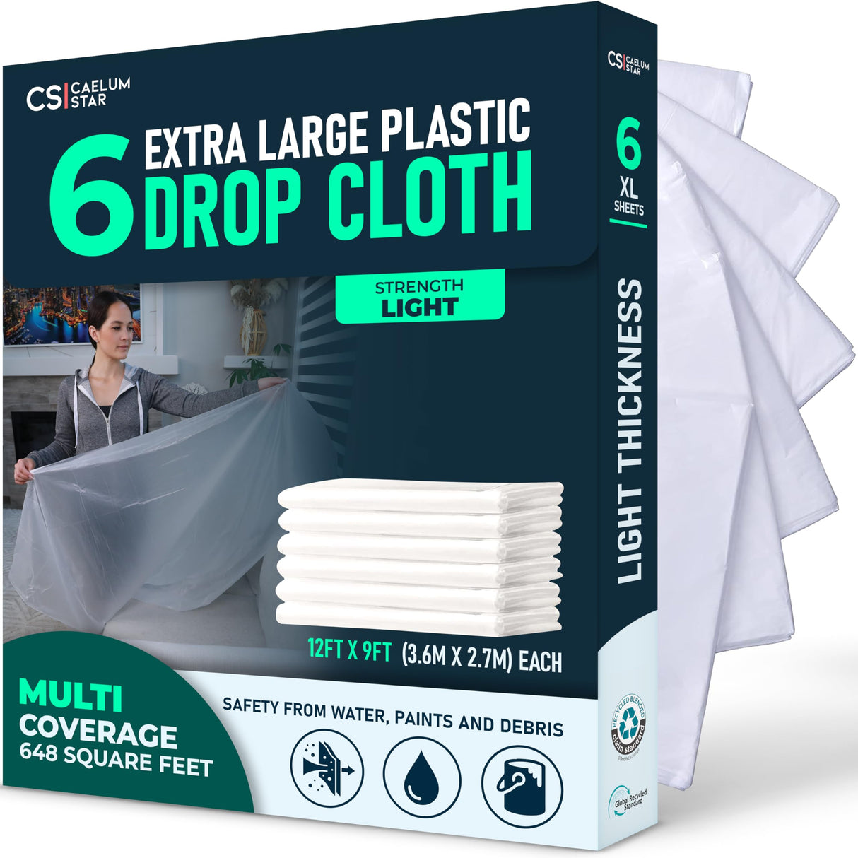 Caelum Star 6 Pack 12x9 ft Extra Large Plastic Drop Cloth for Painting, Furniture Covers, Painters Plastic Cover, Clear Paint Tarp, Floor Protector, Disposable Paint Drop Cloth, 55% Recycled