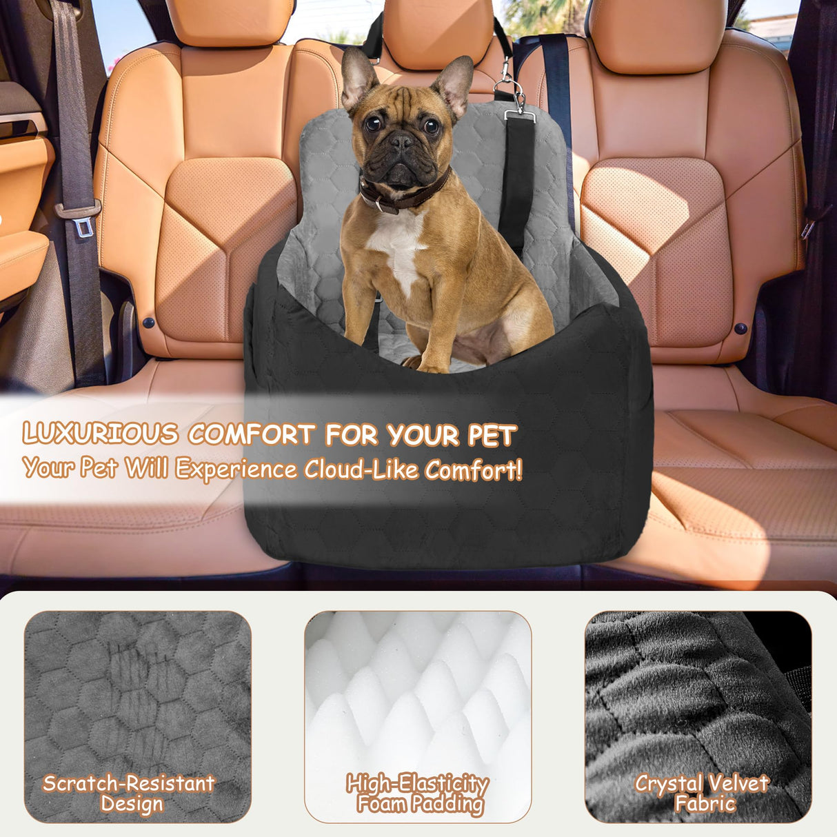 Dog Car Seat for Small/Medium Dogs - Dog Booster Seat with Safety Straps & Non-Slip Base, Travel Pet Car Seat with Storage Pockets, Washable & Removable, Suitable for Dogs Under 35 lbs (Black&Gray)