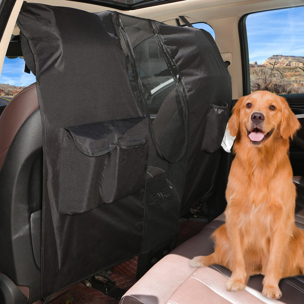 Q-DDOIT Dog Car Net Barrier for SUVs, Pet Barrier with Adjustable Rope and Storage Bag, Dog Fence Barrier for Car Front Seats, Car Divider for Driving Safely with Children & Pets