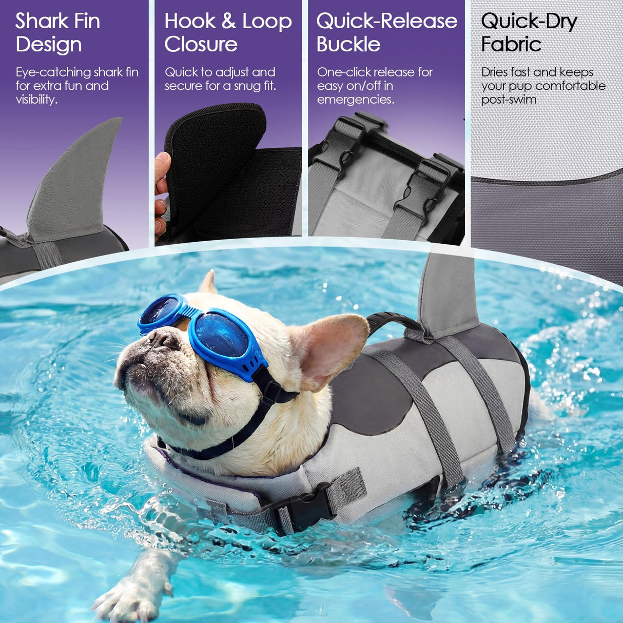 Bess Bridal Dog Life Jacket - Shark Life Vest for Swimming Boating - Reflective Lifejacket Swimsuit for Small Medium Large Dogs - High Buoyancy Lifesaver Preserver with Rescue Handle, Grey Shark XL