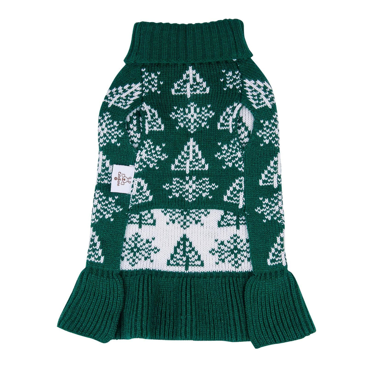 CuteBone Ugly Dog Christmas Sweater Dress Winter Knit Green Turtleneck Puppy Sweater with Craft Pom Pom Ball Pullover Ruffle Dress for Small Dogs