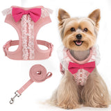 EXPAWLORER Cute Dog Harness, Pink Girl Adjustable No Pull Vest Harness and Leash Set, Soft Padded Step in Wedding Attire Suit Dress Costume with Bow Tie for Puppy Small Medium Female Dogs, X-Small