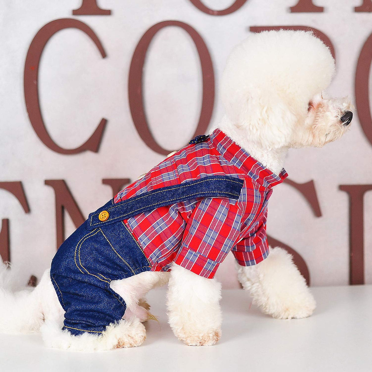 SMALLLEE_LUCKY_STORE Pet Clothes Costume Puppy Denim Overalls for Small Medium Dogs Cats Boys Bowtie Plaid Shirt Jeans Pants Outfits Chihuahua One Piece Jumpsuit,Red S