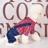 SMALLLEE_LUCKY_STORE Pet Clothes Costume Puppy Denim Overalls for Small Medium Dogs Cats Boys Bowtie Plaid Shirt Jeans Pants Outfits Chihuahua One Piece Jumpsuit,Red S