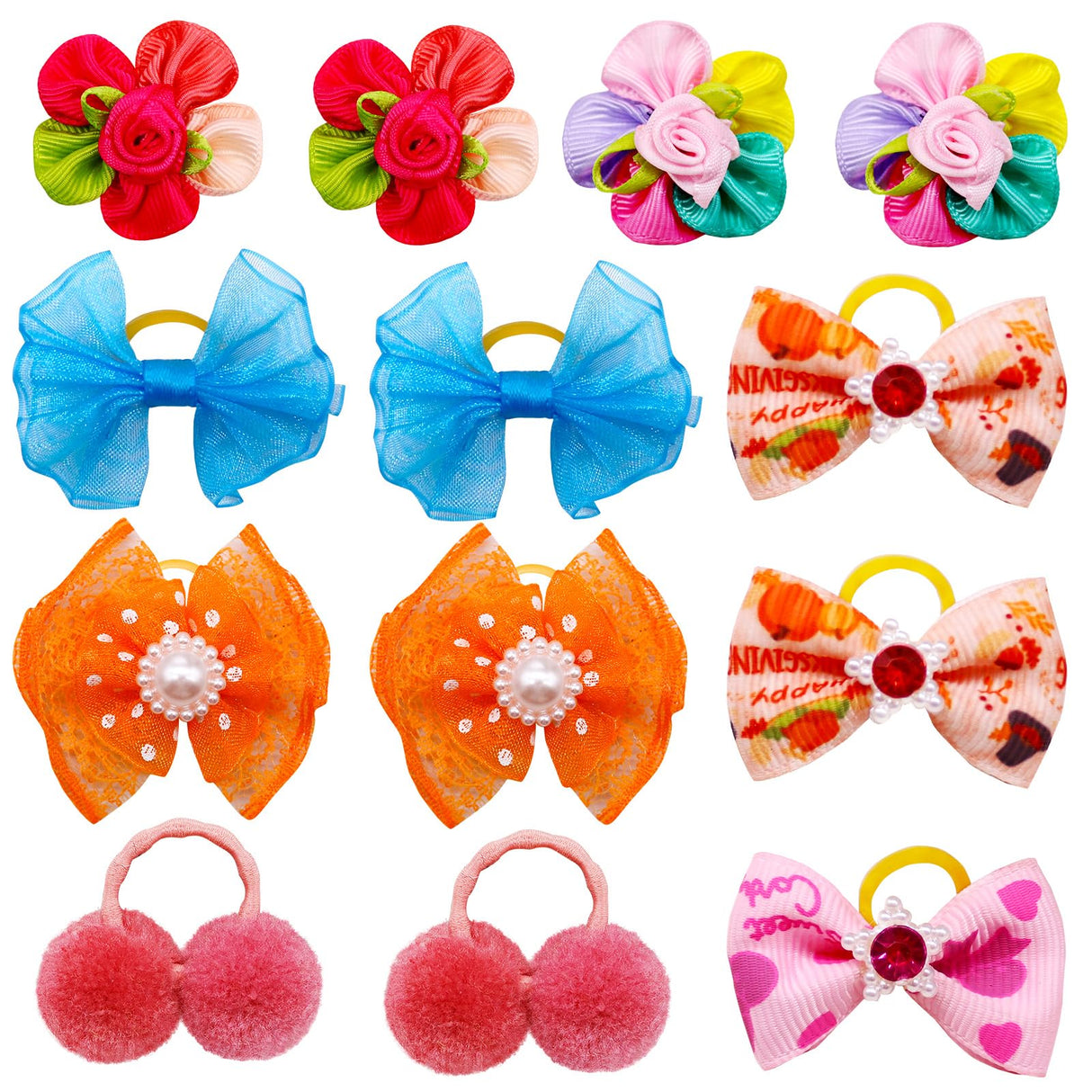 Mruq pet 100pcs Dog Hair Bows, Bulk Cute Puppy Pet Small Dog Hair Bows with Rubber Bands, Mix Handmade Flower Puff Ball Rhinestone Pearls Dog Bows, Yorkie Dog Bows for Dog Hair Grooming Accessories