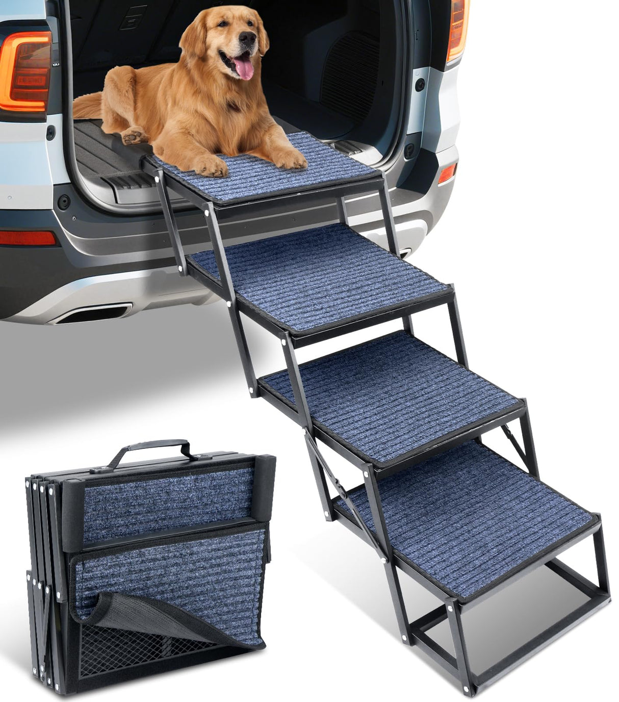 Dog Stairs for Car, 60''x 20'' Extra Wide Stairs for Large Dogs to 250 LBS, Portable Steps with Removable Non-Slip Surface, 4 Steps Foldable Dog Ramp for Car, SUV, High Bed/Couch