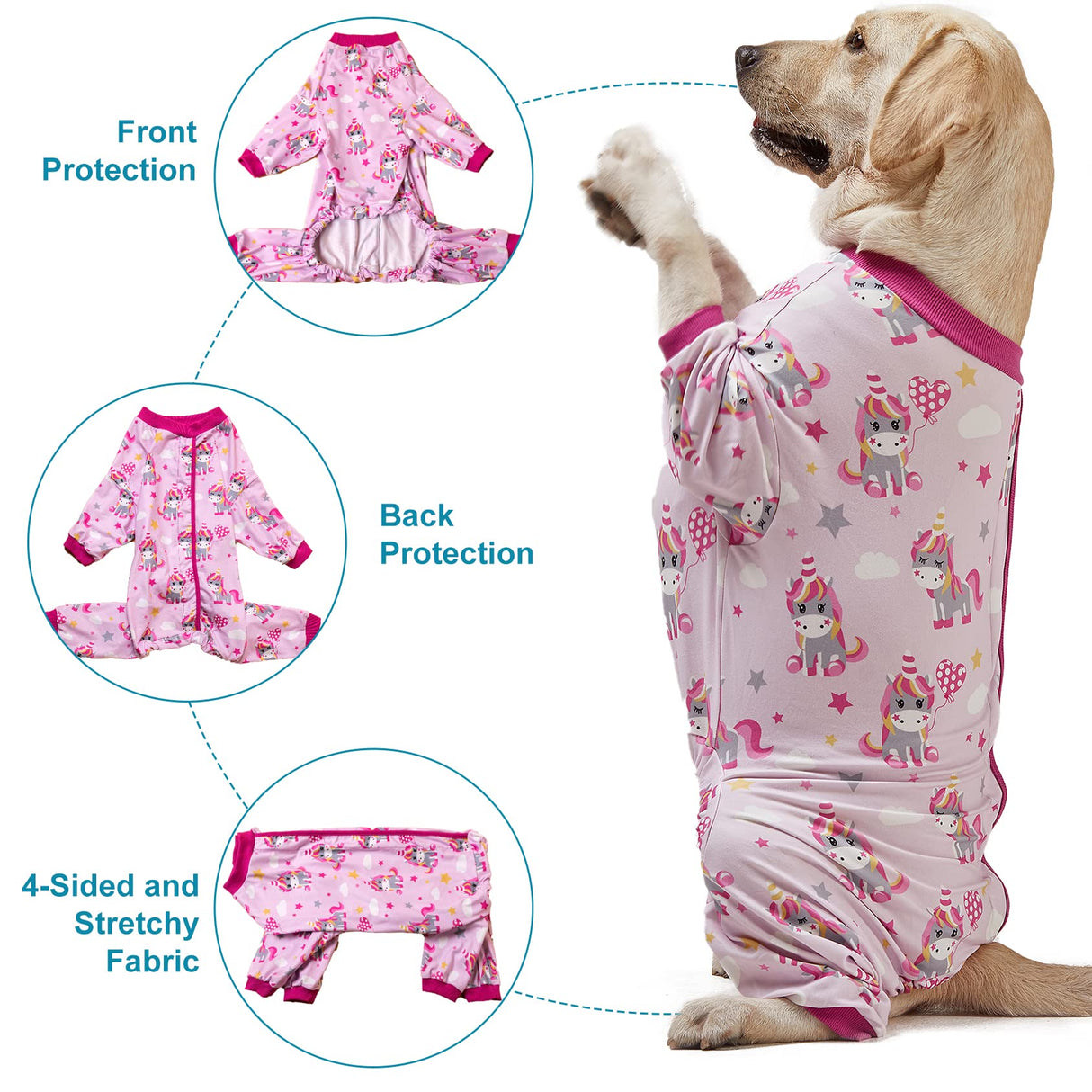 LovinPet Dog Onesies for Large Dogs, Lightweight Stretch Knit, Unicorn Rose Pink Print/Post Surgery Shirt/UV Protection, Pet Anxiety Relief, Wound Care for Large Dog Onesies/L