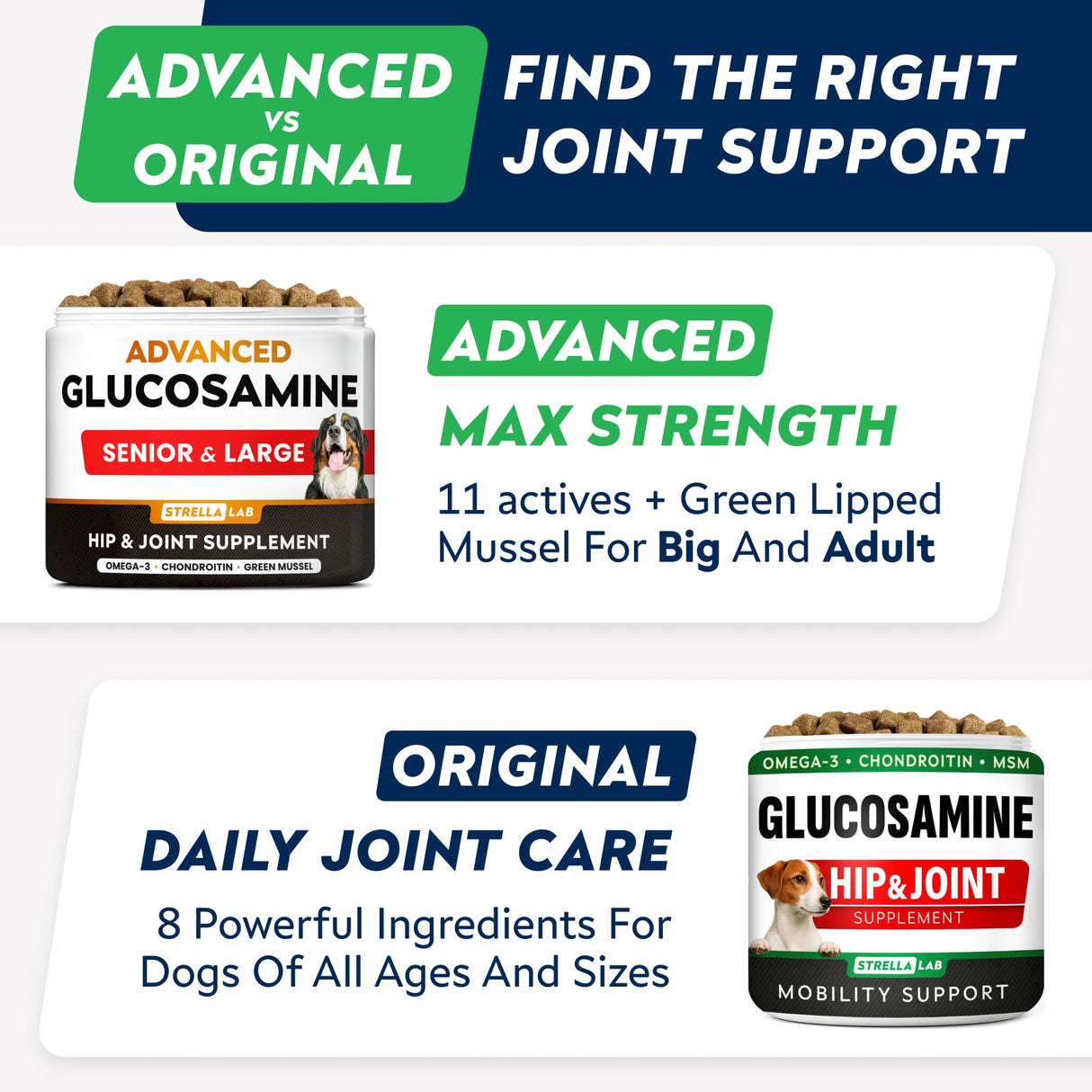 STRELLALAB Advanced Glucosamine Hip & Joint Supplement for Senior Dogs - Green Lipped Mussel & Collagen - Hip & Joint Pain Relief - Large & Small Breed - Joint Health - Bacon - 120 Chews