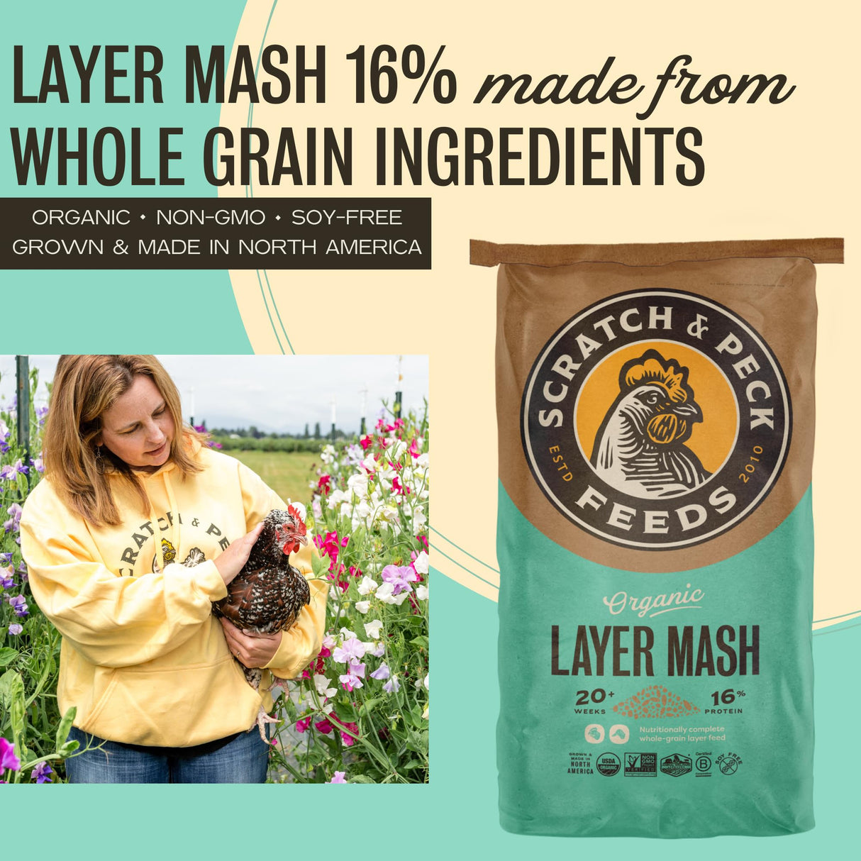 Scratch and Peck Feeds Whole Grain Layer Mash Chicken and Duck Feed - Corn-Free and Soy-Free - 16% Protein, Certified Organic and Non-GMO Project Verified Chicken Food - 50 lbs Bag