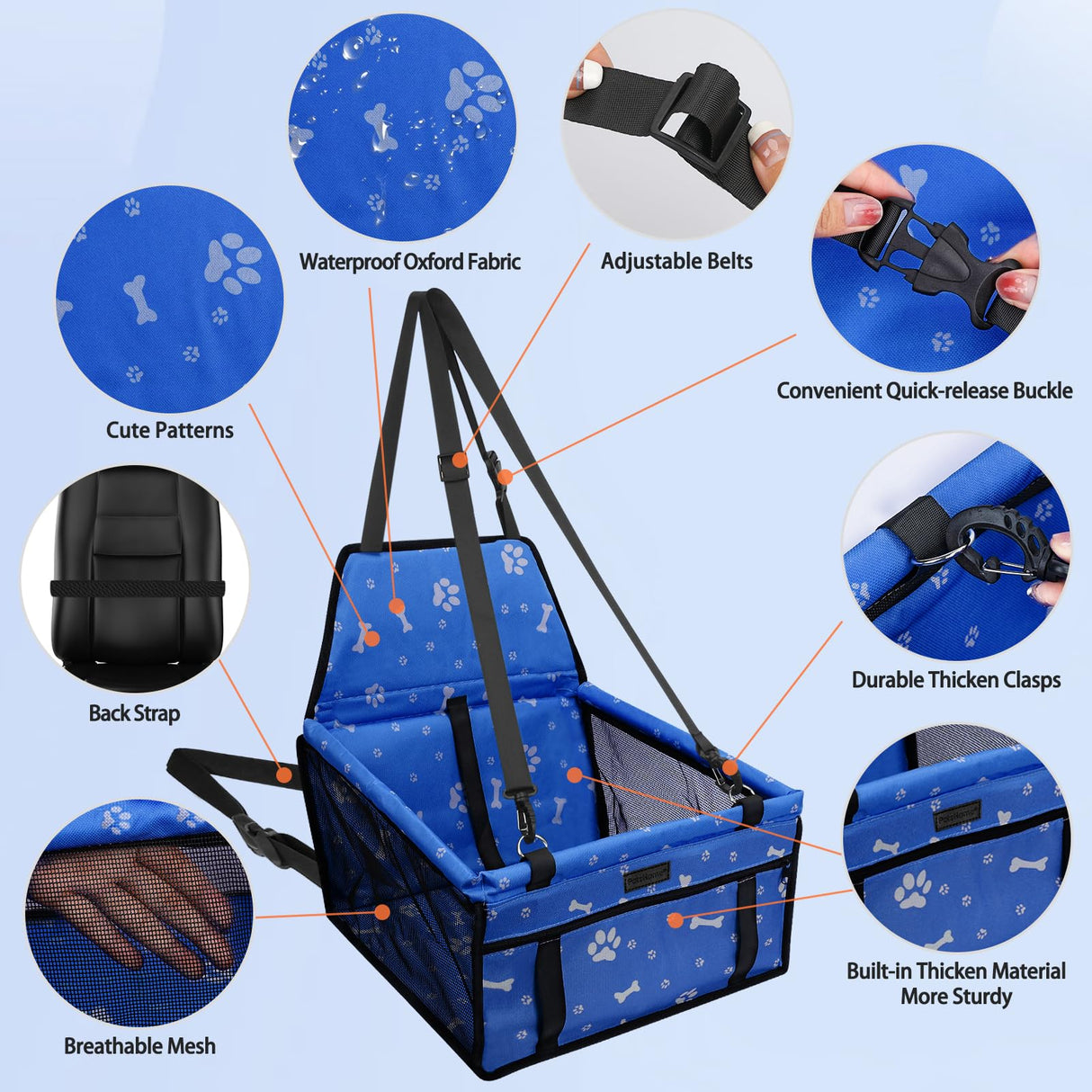 PetsHome Dog Car Seat Foldable Dog Car Booster Seat Waterproof Breathable Oxford Travel Bag for Small to Medium Dogs, Puppies, and Pets-Pattern Blue