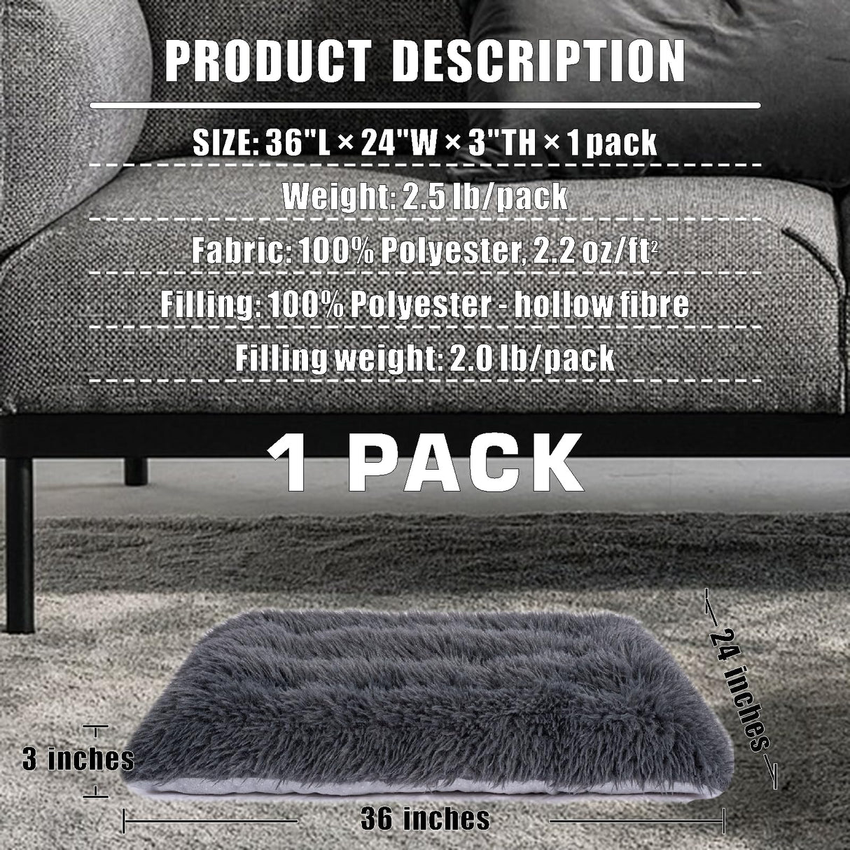 Machine Washable Dog Bed, Deluxe Plush Dog Crate Pad and Cat Bed, Anti-Slip Bottom Kennel Pad Mat, Fuzzy Pet Beds for Large, Medium, Small Dogs Breeds (Dark Grey, 36.0"L x 24.0"W x 3.0"Th x 1 Pack)