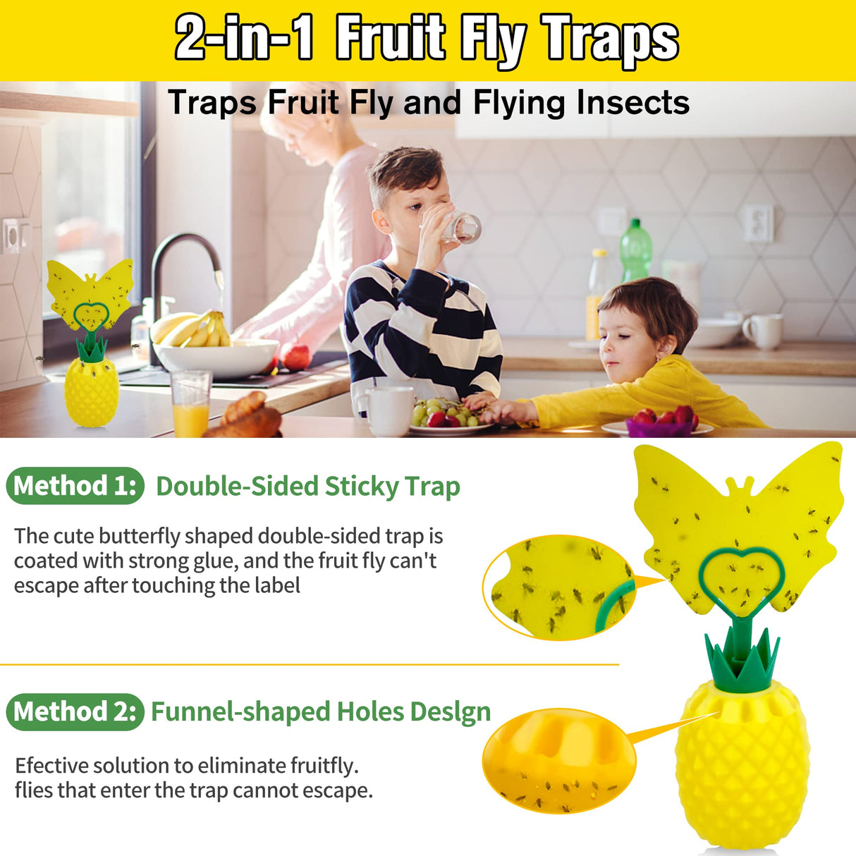 Fruit Fly Trap with Sticker, Effective Fly Catcher Gnat Traps for House Indoor, Fruit Fly Killer Comes with Attractant and Double-Sided Sticker, Non-Toxic Reusable Fly Trap for Home, Kitchen - 4 Pack
