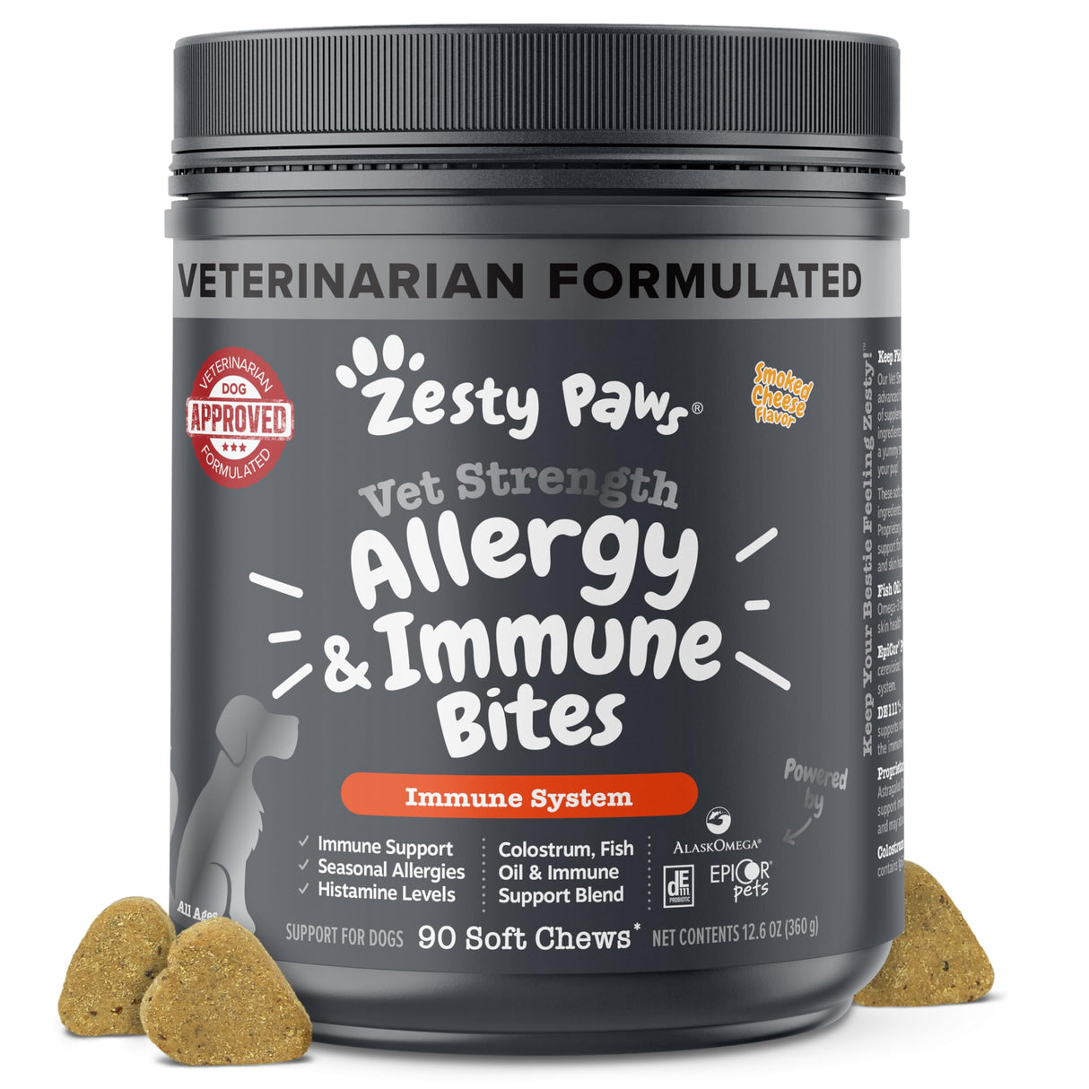 Zesty Paws Vet Strength Dog Allergy Relief Chews, Dog Probiotics for Itchy Skin and Ears, Smoked Cheese, 90ct