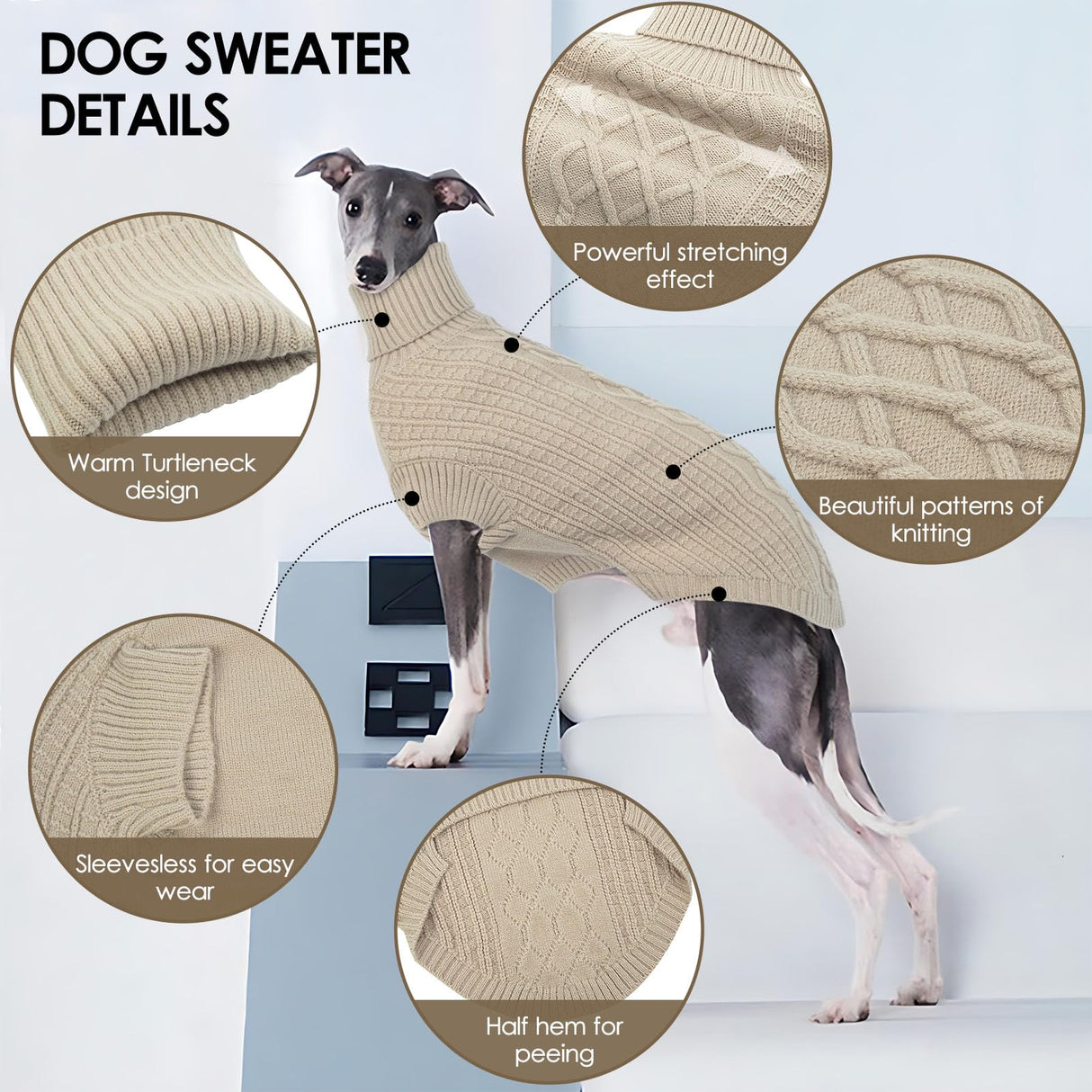 Dog Sweaters for Medium Dogs Girl Boy, Pet Thermal Knitted Turtleneck Medium Dog Sweater for Dogs Pets Winter Clothes Outfits, Greyhound, Apricot M