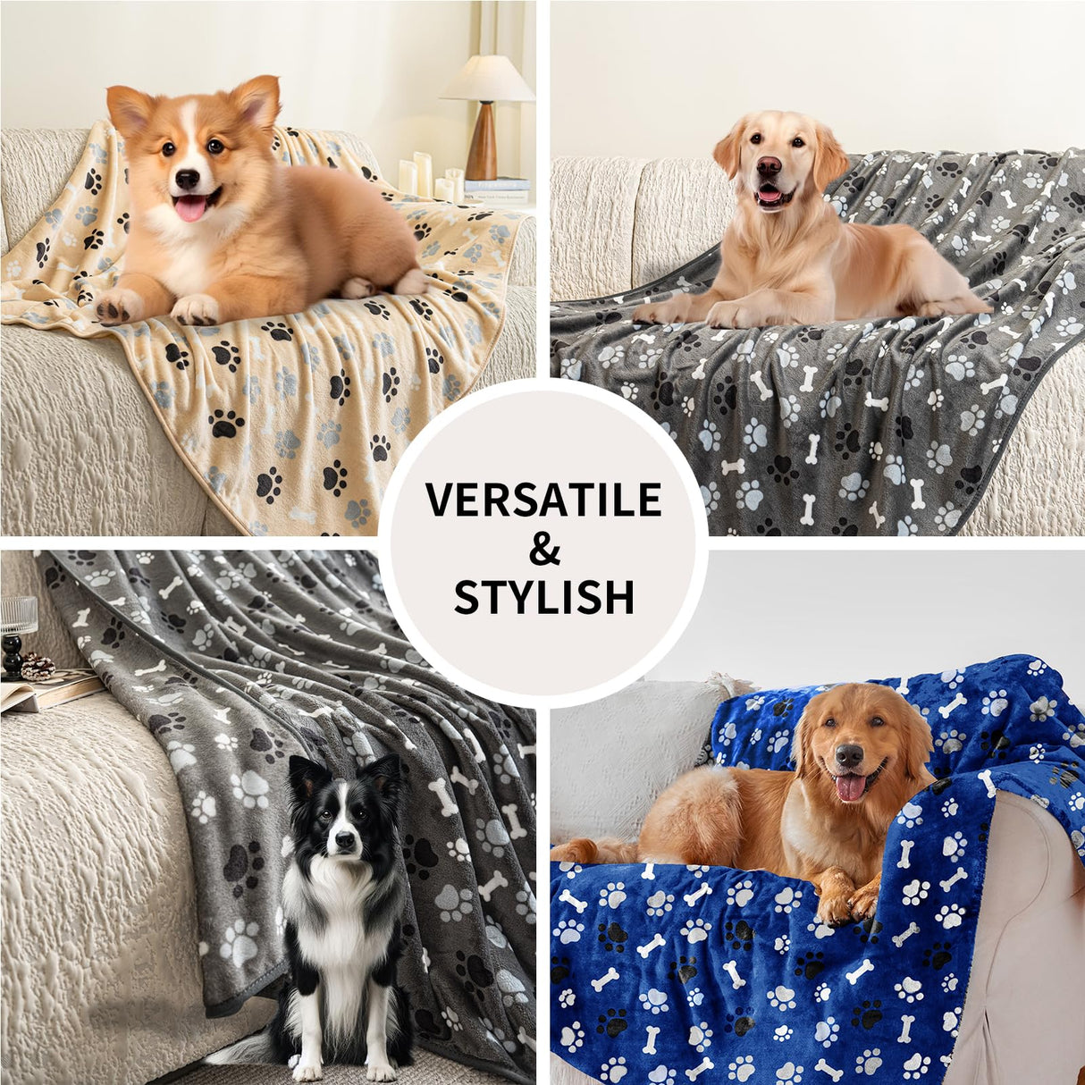 AIWEK Dog Blanket Paw Bone Pattern 1 Pack 3 Colorful 40"*30" Super Soft Warm Flannel Sofa Cover Car Bed Protector, Urine Proof Washable Outdoor Pet Blanket for Puppy Large Dogs & Cats