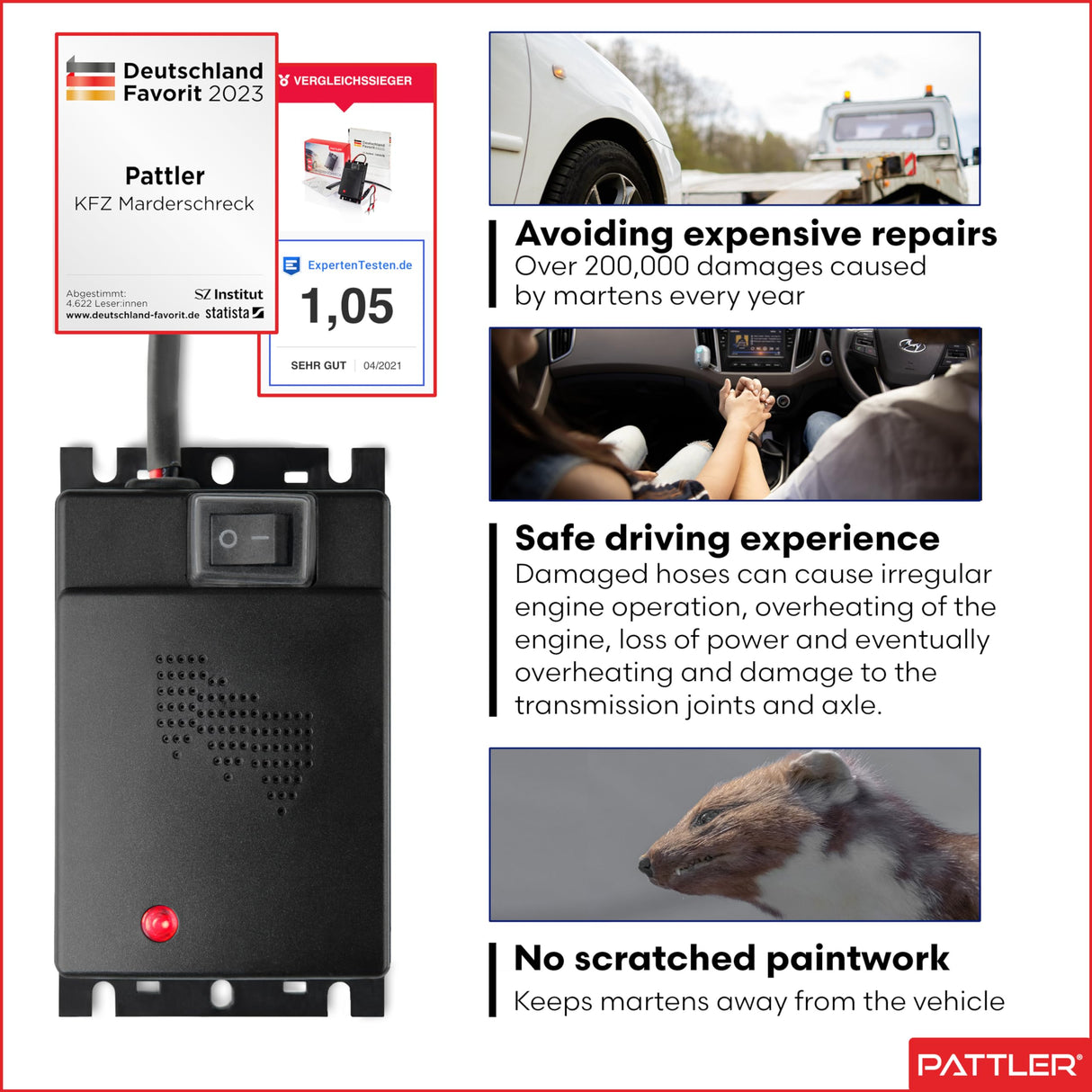 PATTLER® Best Mouse Repellent for Cars | Mouse Repellent with Connection to 12V Car Battery | Ultrasonic Pest Repeller | Mice Repellent for Engines Under Hood I Long Term Pest Control | 1 Unit