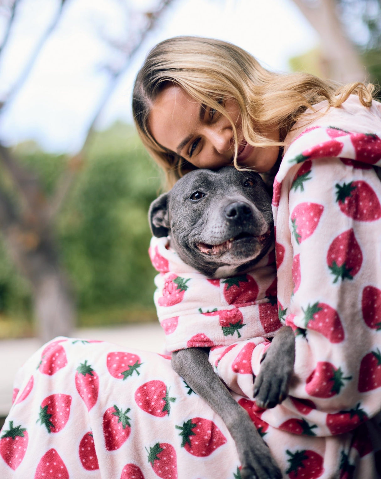 Darren & Phillip Calming Dog Robe for All Breeds - Ultra-Soft Strawberry Dog Robe with Adjustable Belly Strap - Perfectly Matches Women’s Plush Robe - Medium