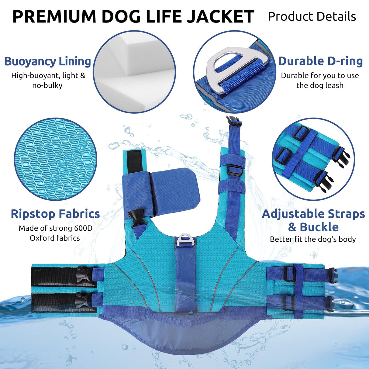 Queenmore Dog Life Jacket Large, Pet Pool Float with Chin Float, Large Dog Life Vest for Swimming, Adjustable Ripstop Pet Life Vest for Water at Pool, Beach, Boating (Blue,XL)