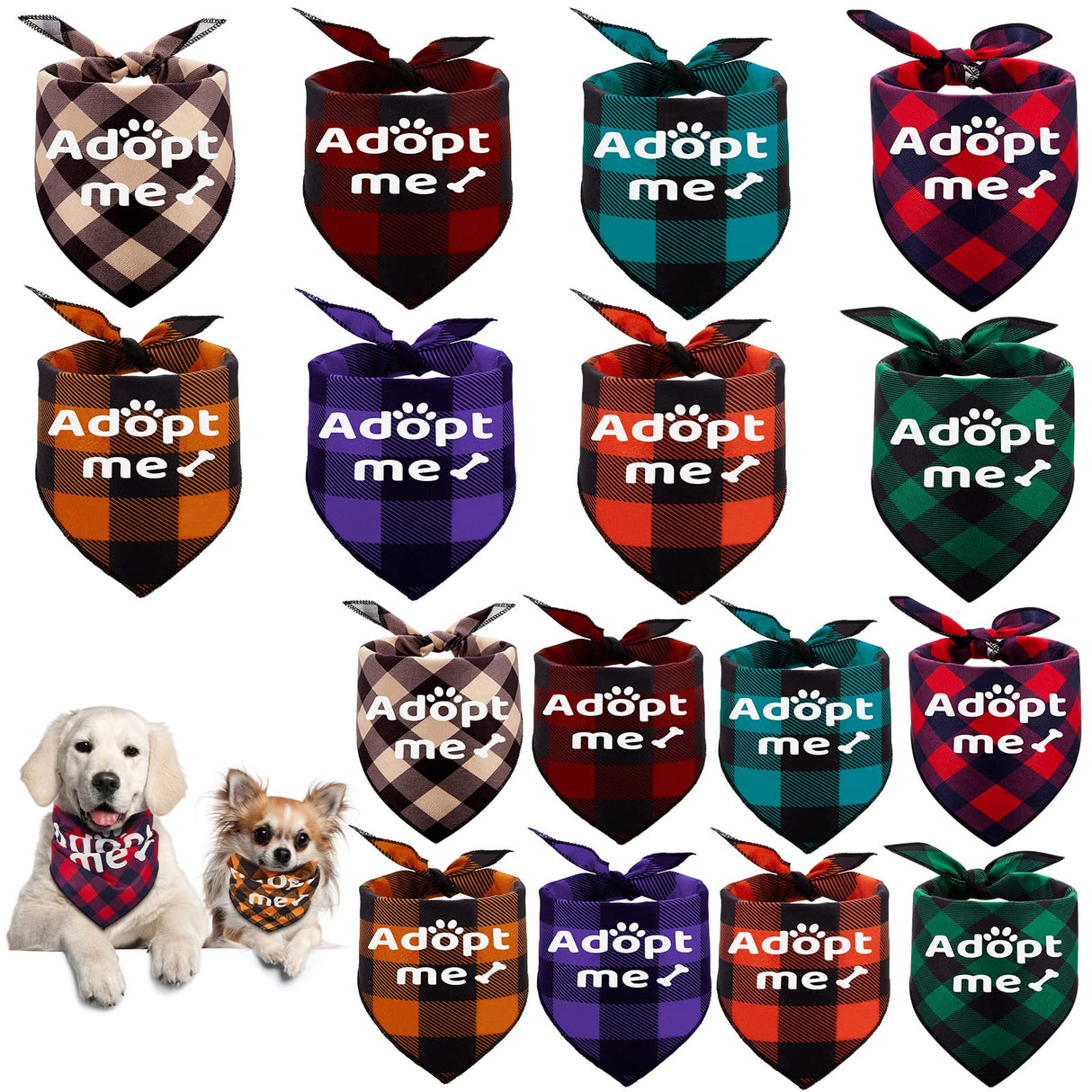 Patelai 16 Pcs 2 Size Adopt Me Dog Bandanas Bulk Plaid Reversible Triangle Bibs Printing Pet Scarf Bibs Adoption Event Celebration Accessories for Christmas Small Medium Large Shelter Animals