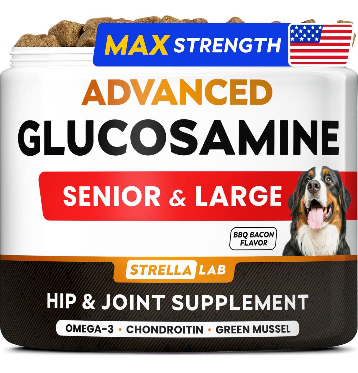 STRELLALAB Advanced Glucosamine Hip & Joint Supplement for Senior Dogs - Green Lipped Mussel & Collagen - Hip & Joint Pain Relief - Large & Small Breed - Joint Health - Bacon - 120 Chews