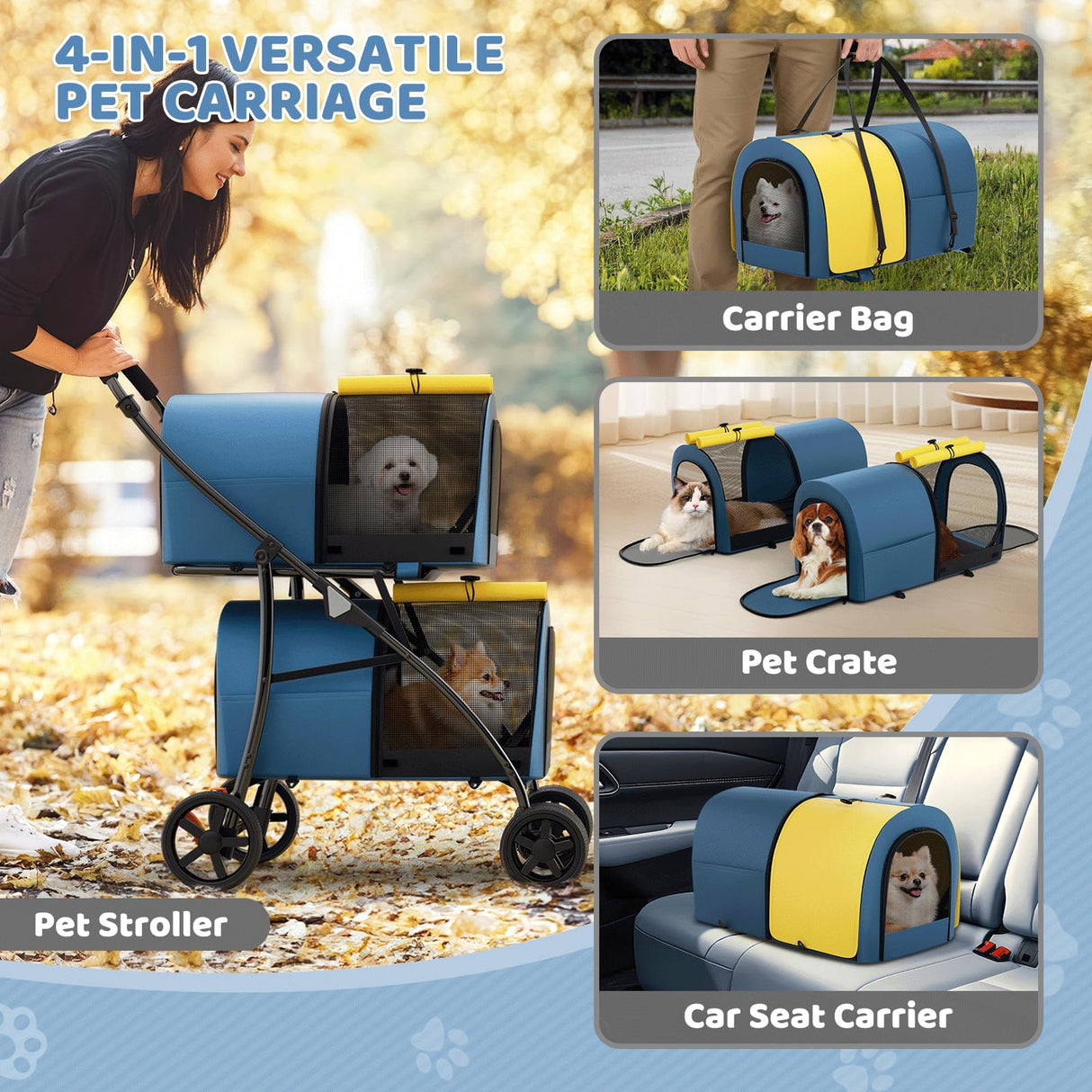 Magshion Double Dog Stroller with 2 Detachable Carrier Bags, 4-Wheel Folding Pet Travel Strolling Cart with Storage Pocket for Small-Medium Dogs & Cats Puppy, Navy Blue/Yellow