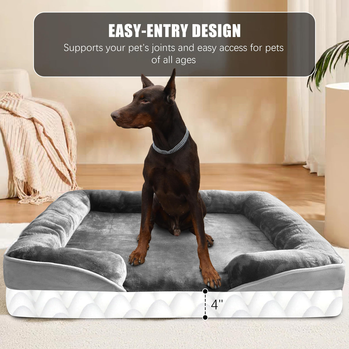 Spotted Play Orthopedic Dog Bed with Sides - Dog Sofa Beds for Extra Large Dogs, Supportive Foam Pet Couch Bed with Washable Removable Cover, Waterproof Lining and Non-Slip Bottom, Grey - XXL