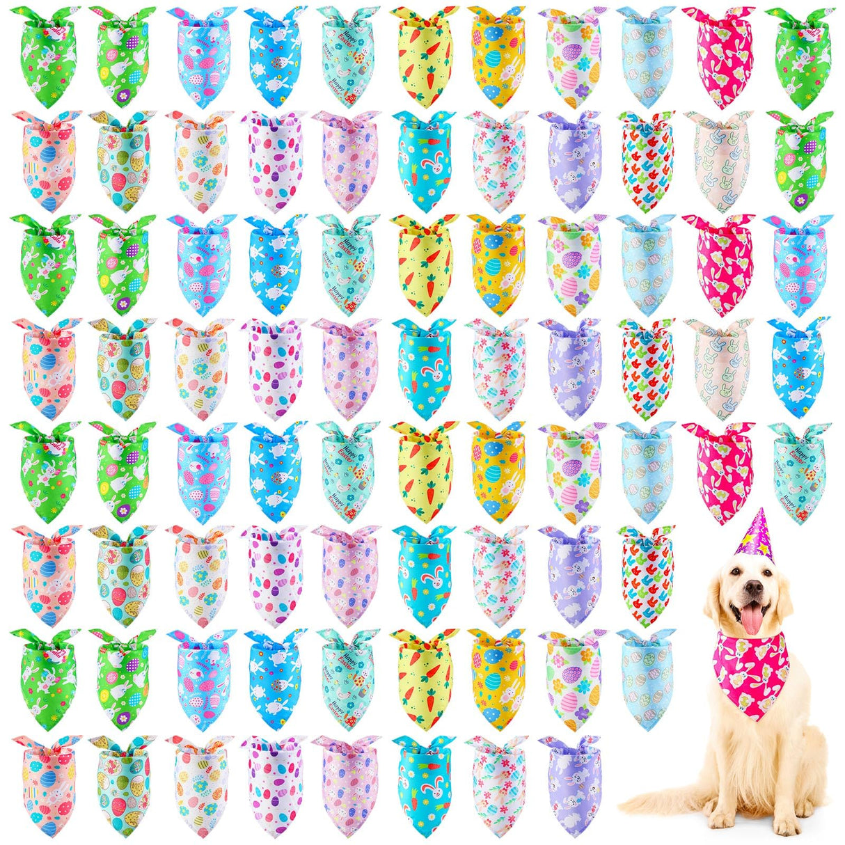 SilTriangle 100 Pcs Easter Dog Bandanas Bulk Colorful Easter Egg Bunny Carrot Dog Scarf Puppy Bibs Spring Cat Kerchief Holiday Bandanas for Small to Medium Pet