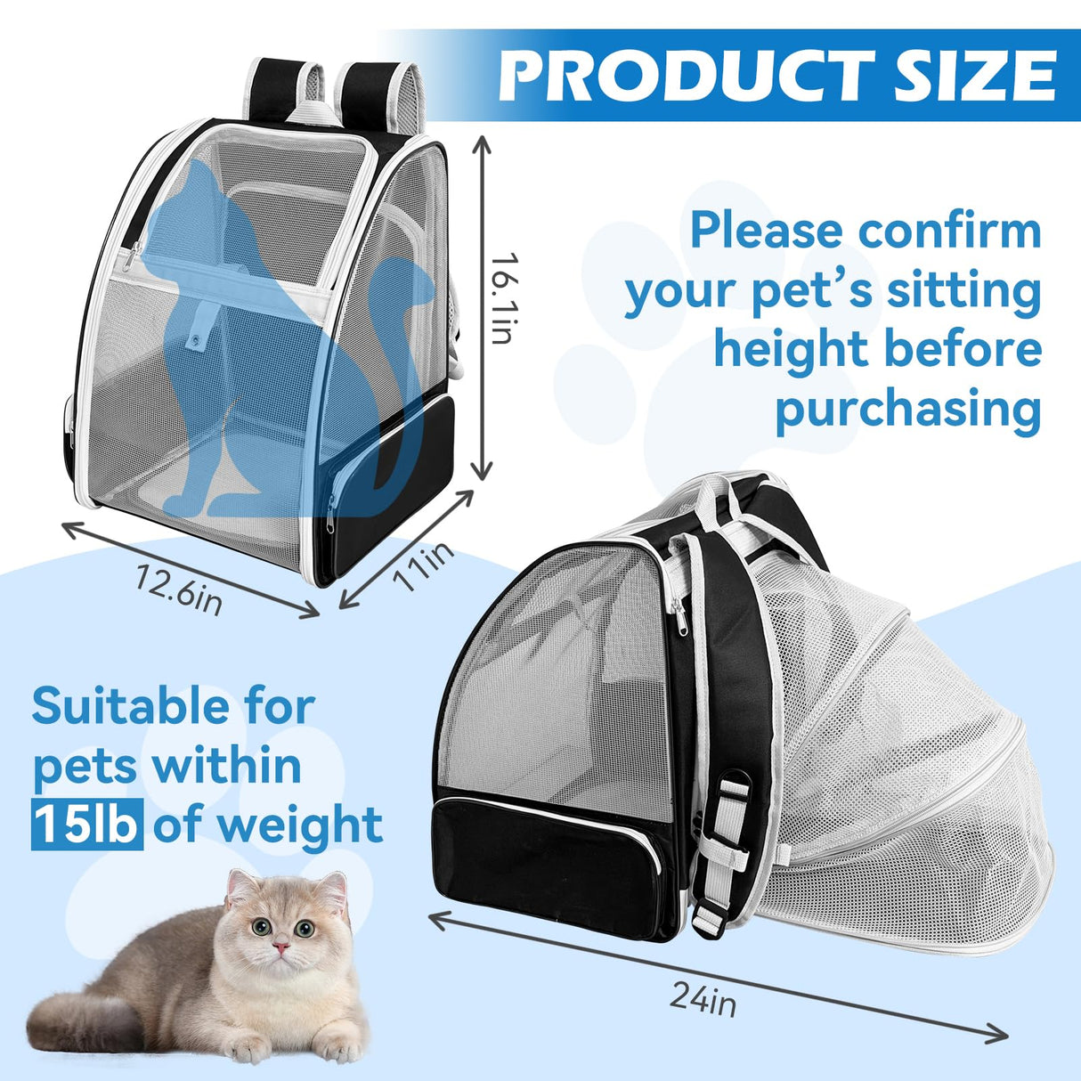VeluXanipyr Cat Backpack Carrier,Expandable Pet Carrier Backpack for Cat and Small Dogs,for Hiking, Camping and Travelling Use,Collapsible Carrier with Breathable Mesh,Gray