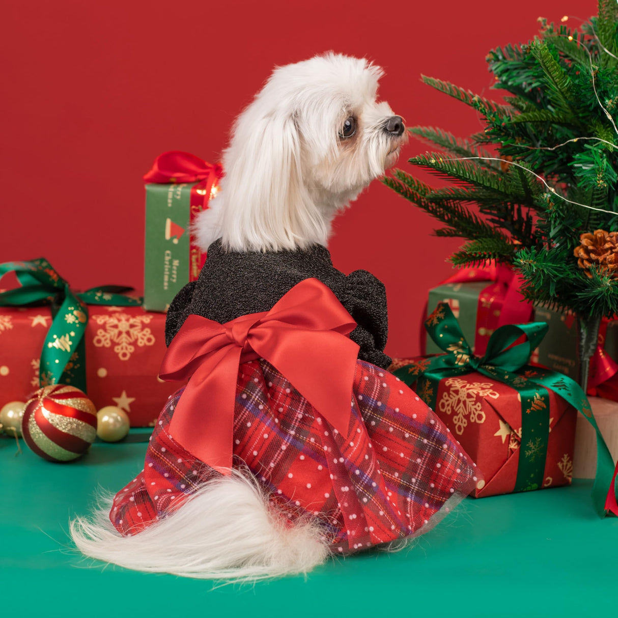 Fitwarm Christmas Puff Sleeve Dog Dress, Elegant Dog Christmas Outfit, Doggy Clothes for Small Dogs Girl, Pet Apparel, Black, Red, Small