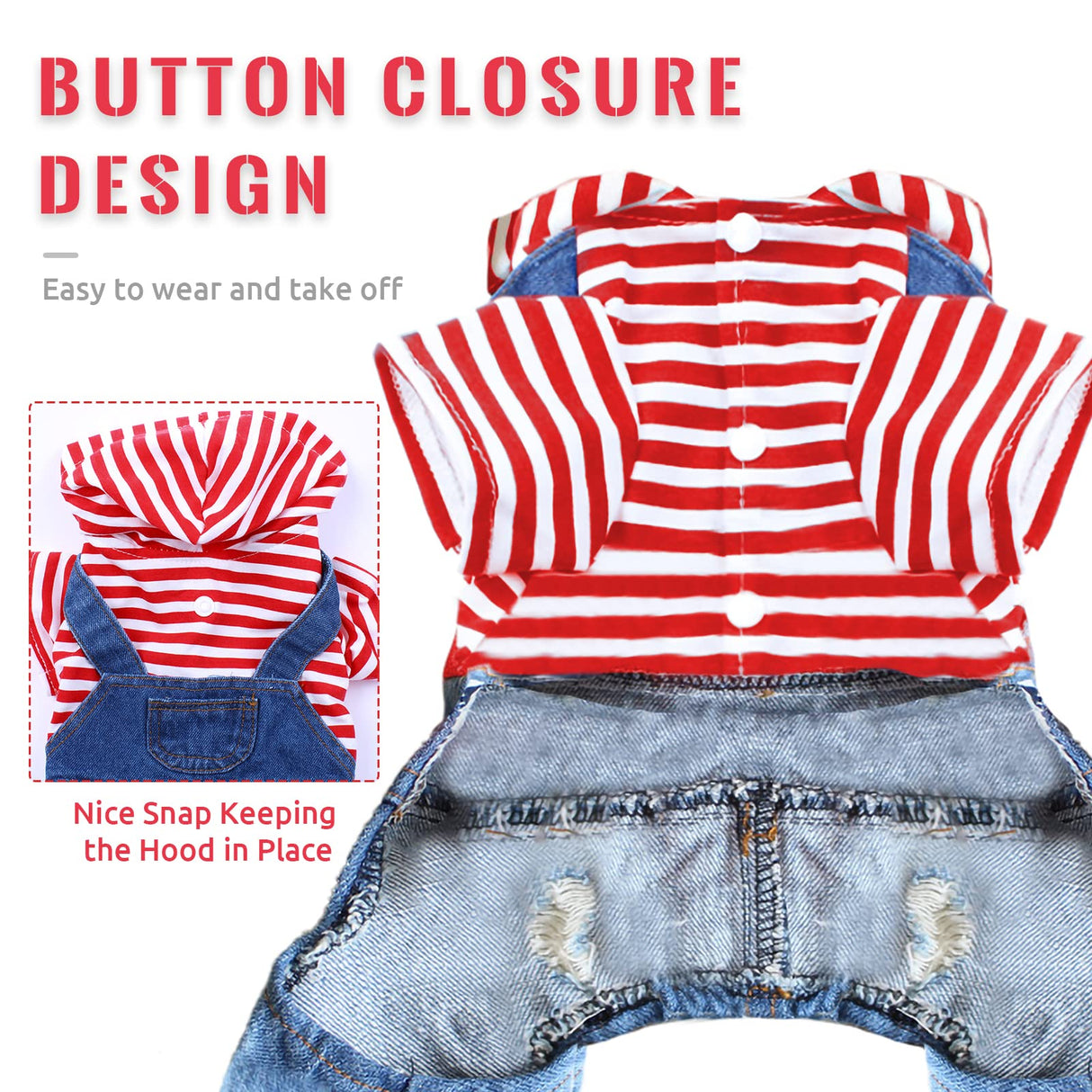 DOGGYZSTYLE Small Dog Hoodie Clothes Cute Stripe Shirts Denim Jumpsuit One-Piece Outfit for Small Medium Dogs Cats Boy Girl Chihuahua Blue Jeans Overalls Puppy Costume (Red,XL)