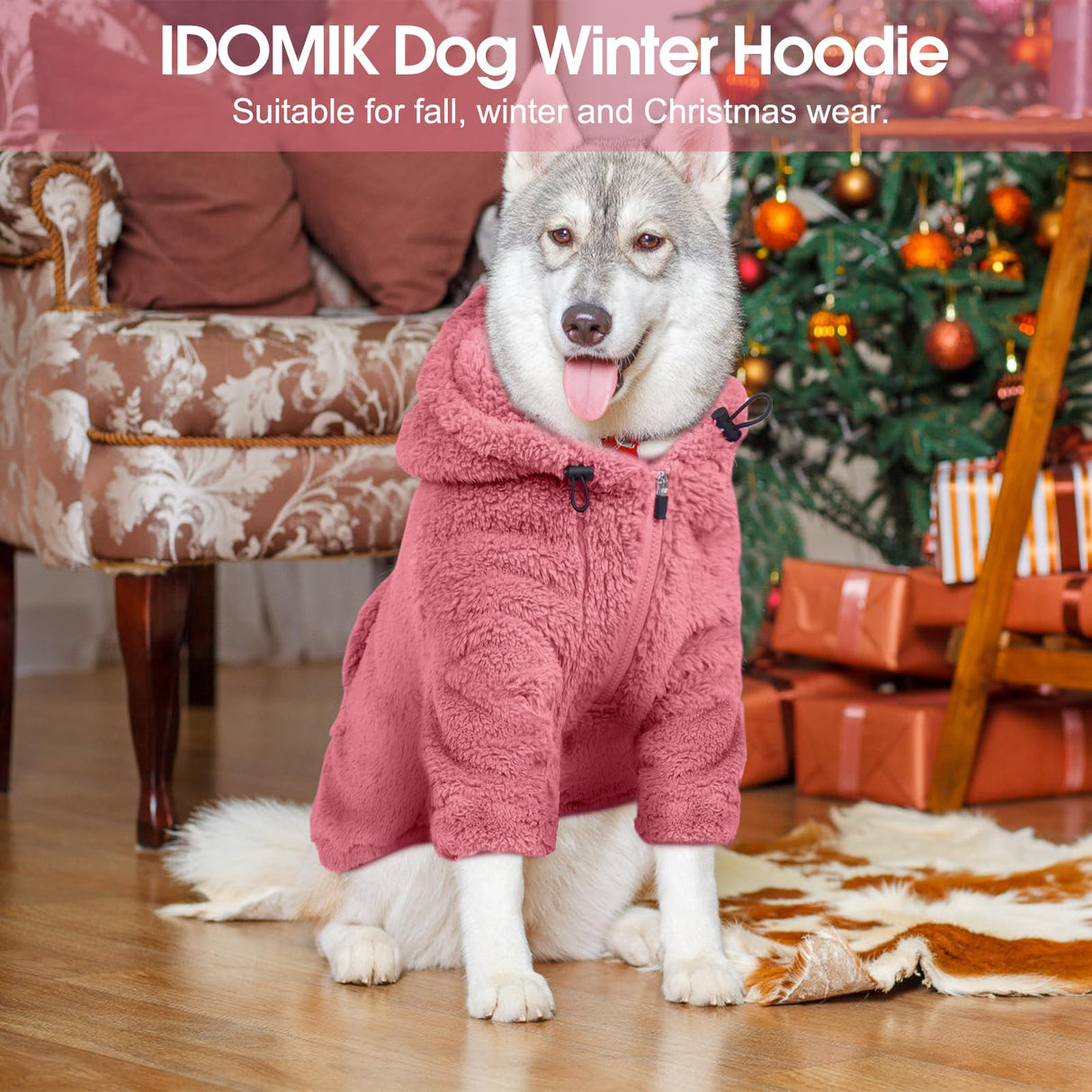 IDOMIK Fuzzy Dog Sweater with Adjustable Hood, Warm Fleece Dog Sweater Hoodie with Harness Hole & Pocket, Pullover Sweaters for Medium Dogs, Fuzzy Hooded Sweatshirt for Fall Winter Christmas,Pink,M