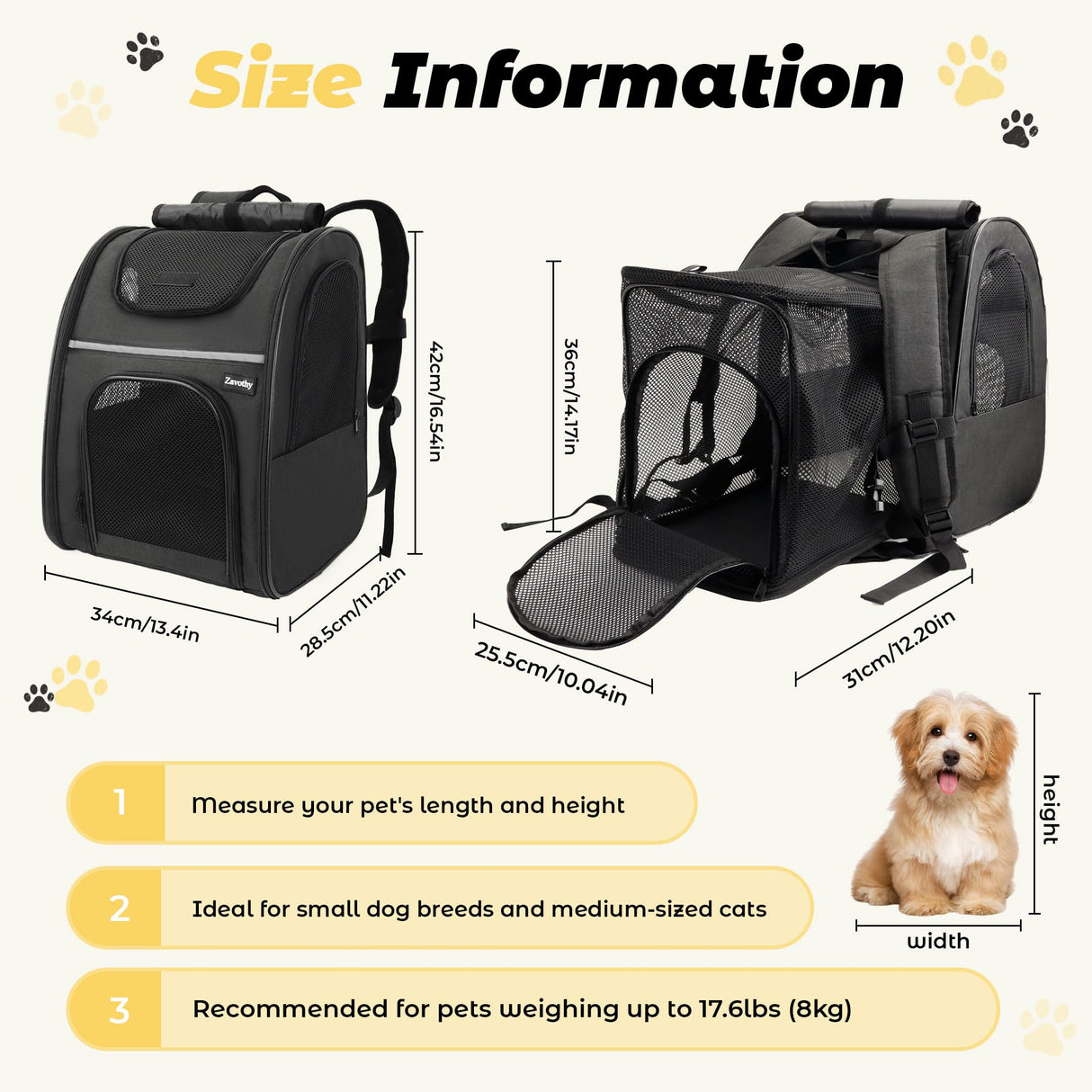 Zavothy Cat Backpack Carrier, Expandable Airline Approved Pet Backpack for Small Cats & Dogs, Breathable Mesh Cat Carrier Backpack with Padded Bottom, Foldable Travel Bag – Black