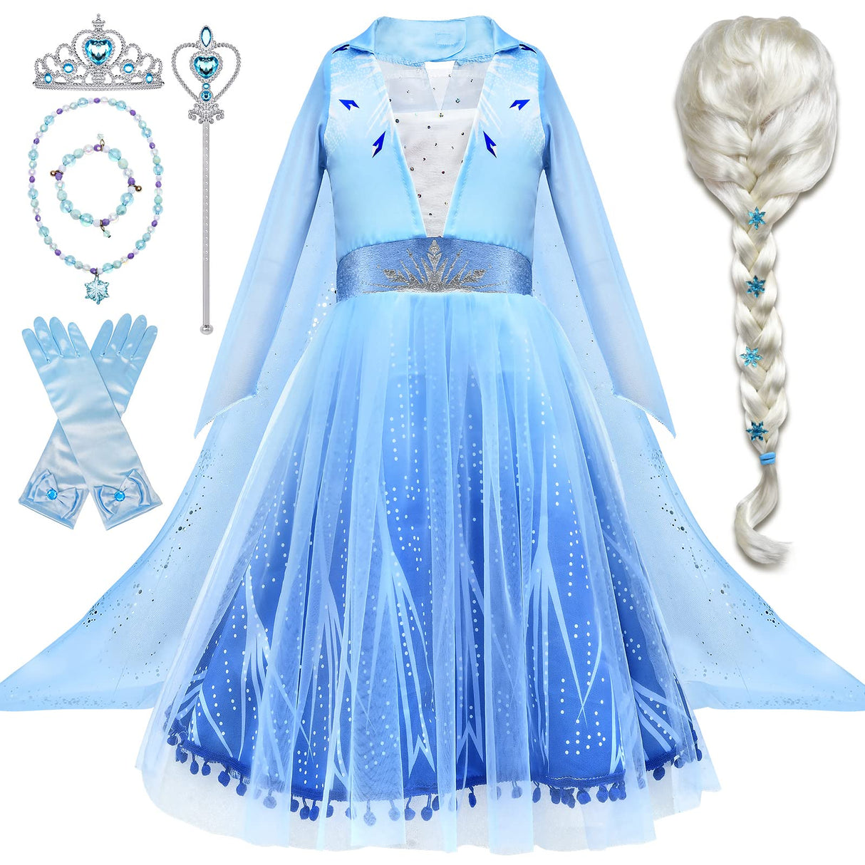 Tacobear 10pcs Frozen Elsa Costume Dress For Girls Kids Toddler Princess Dress Up Clothes For Little Girls With Elsa Accessories Gloves Crown Wands Wig Necklace For 3-4T Kids Christmas Birthday Party