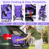 BLKMTY Folding Dog Stroller, 4 Wheels Pet Stroller, Foldable Cat Strollers Waterproof Travel Carrier Strolling Cart for Puppy Jogger with Cup Holder & Storage Basket, Purple