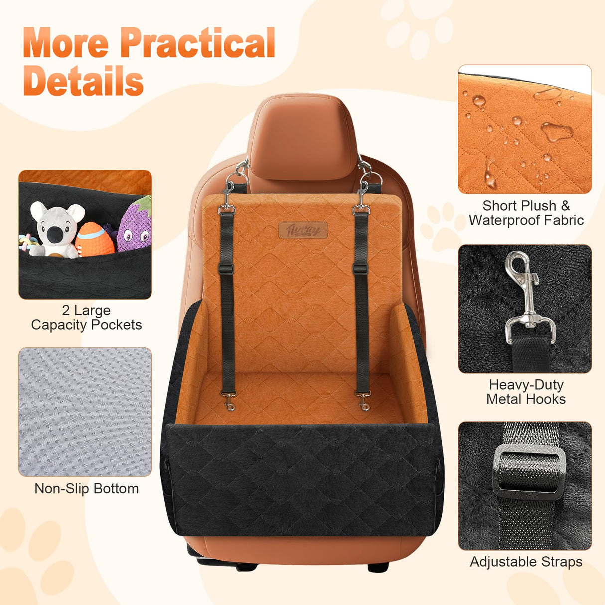 Tivray Elevated Dog Car Seat, Dog Booster Car Seats for Small & Medium Breeds Up to 35lbs, Fully Detachable and Washable, Memory Foam Pet Carseat with 2 Storage Pockets & 3 Safety Belts, Black + Brown