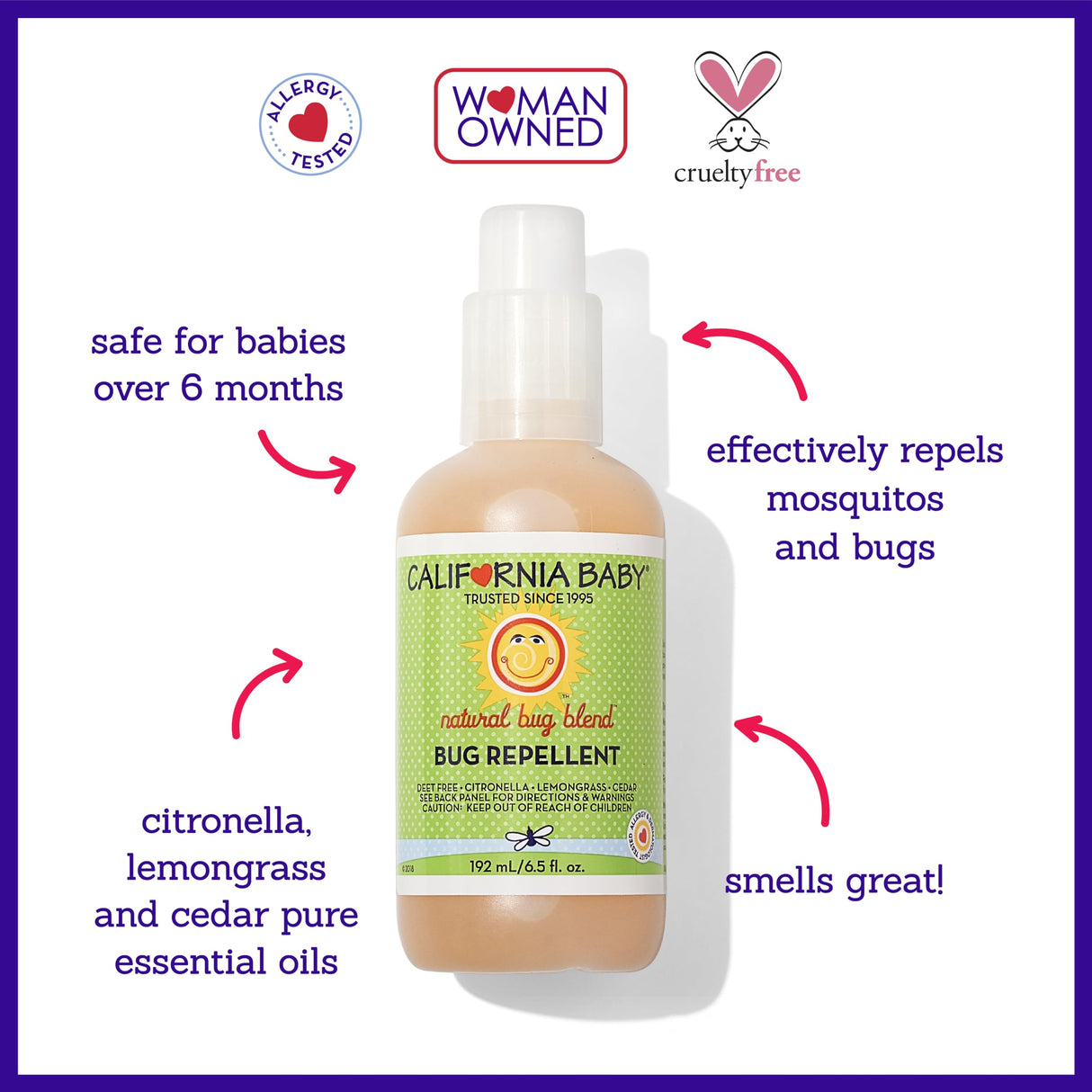 California Baby Natural Bug Repellent Spray | Citronella & Lemongrass Bug Spray | DEET-Free | Repels Mosquitoes | Allergy Friendly | Great Smell | Baby & Adult Insect Repellent Spray | 192 mL / 6.5oz