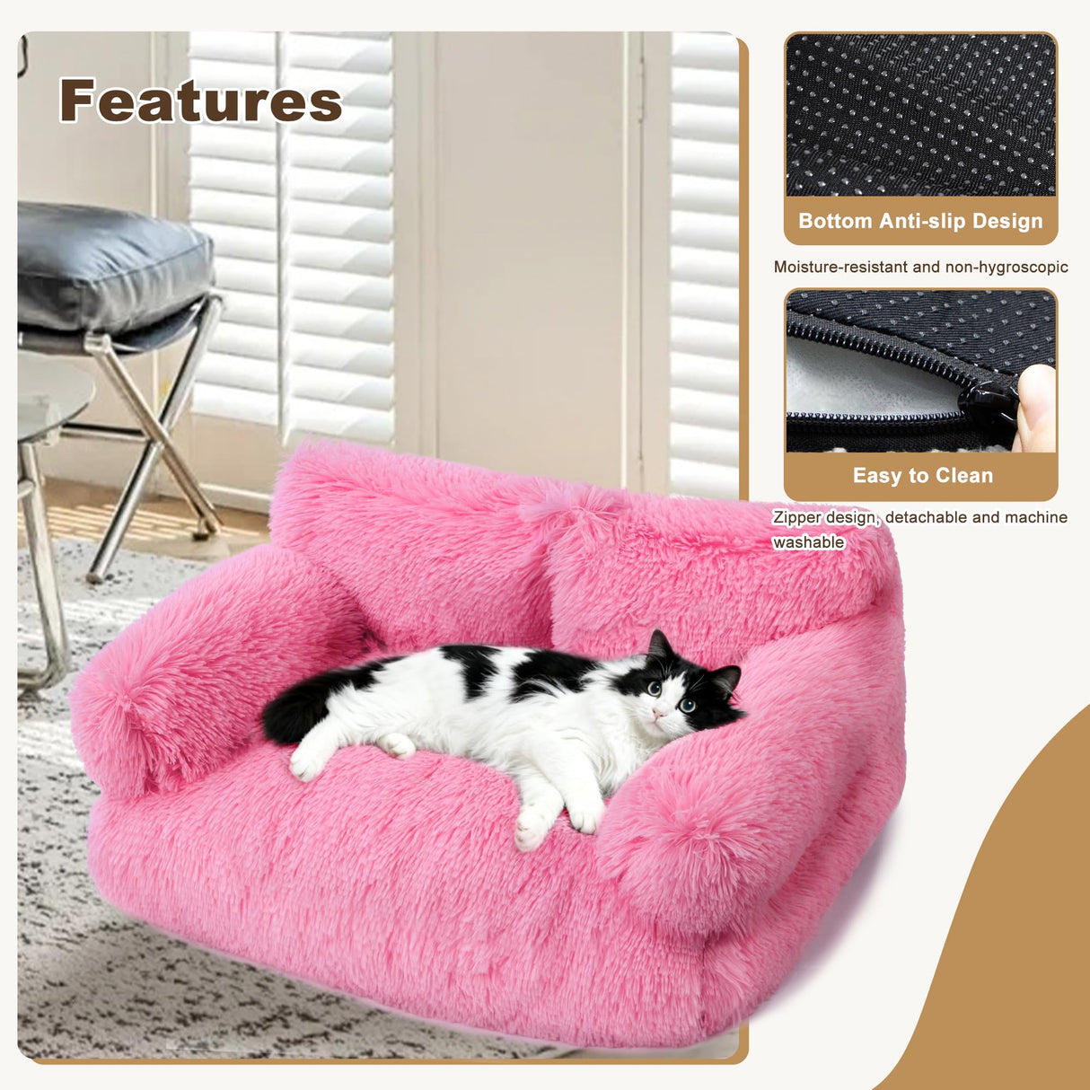 FURMORENE Large Cat Beds for Indoor Cats, Dog Couch Bed, Cute Cat Couch Sofas for Less 20lbs Kitten Puppy, Small Dog Sofas & Chairs with Removable Washable Cover, Soft Warm Pet Furniture, Plush Pink