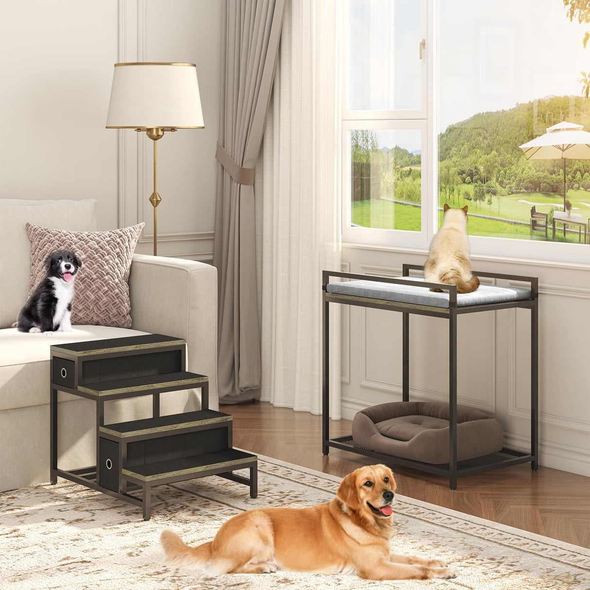 Saudism Pet Bunk Bed with Removable Stairs and 2 Drawers, Dogs/Cats Window Perch, Dog Window Seat with Soft Cushion, Ultra-Shallow Steps, Sturdy Metal Frame, Non-Slip, Load Capacity 60 LBS
