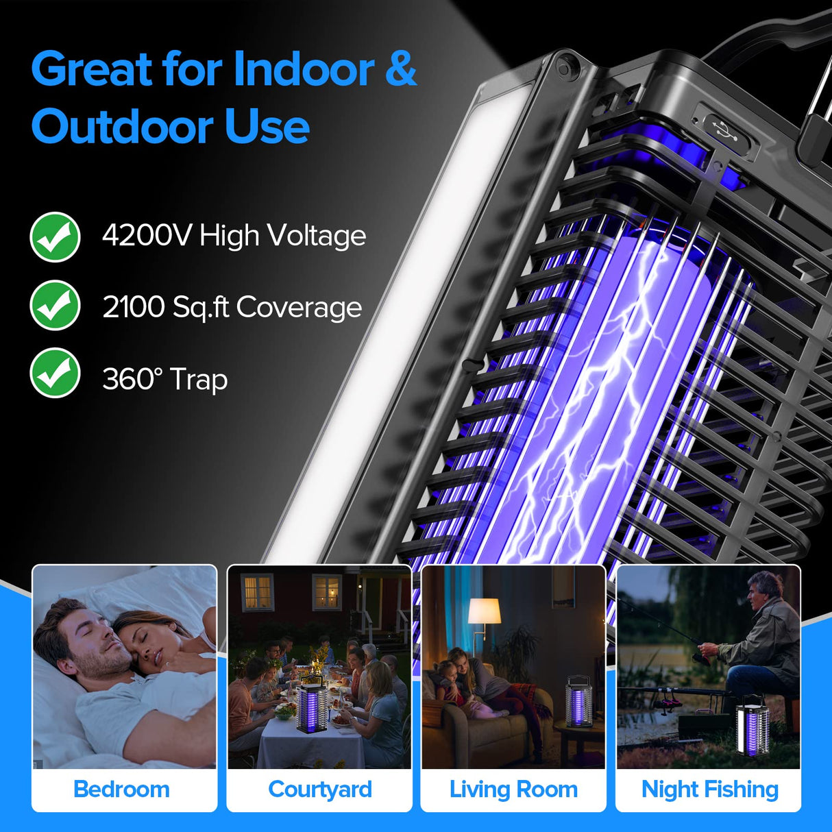 Bug Zapper Outdoor Indoor, Solar Mosquito Zapper with Reading Lamp, Cordless & Rechargeable Electric Insect Fly Zapper with 4200V High Powered UV Light, 2 in 1 Mosquito Killer for Home Backyard Patio